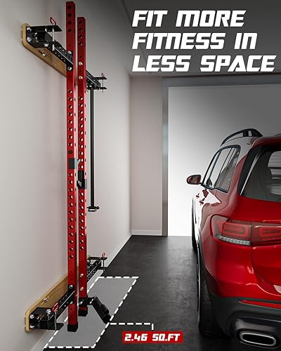 Miniatura 2 de 2" x 2" Folding Wall Mounted Squat Rack, 1100 Pounds Capacity Power Rack with Pull Up Bar, J Hooks and Other Attachments, Space-Saving Home Gym
