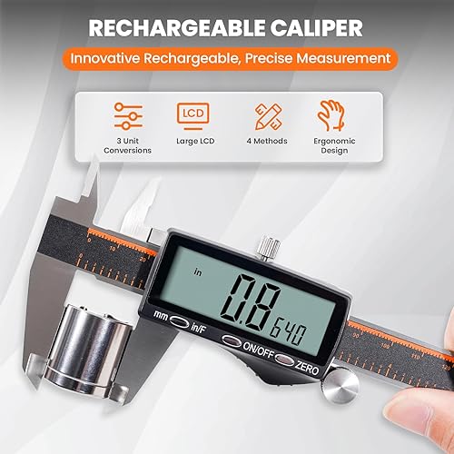 Miniatura 2 de HARDELL Calibrador digital, calibradores recargables con pantalla LCD grande, herramienta de medición de pinza de acero inoxidable, micrómetro de