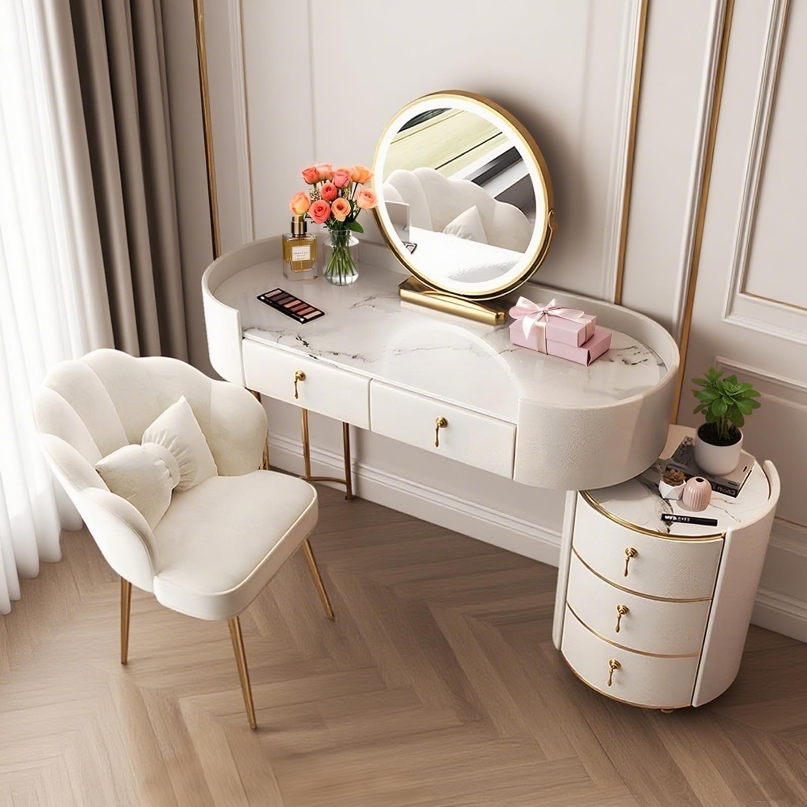 Moderno set da trucco con specchio e sedia, elegante tavolo da toeletta per donne e ragazze, bianco/grigio, 80 cm, scrivania per trucco elegante