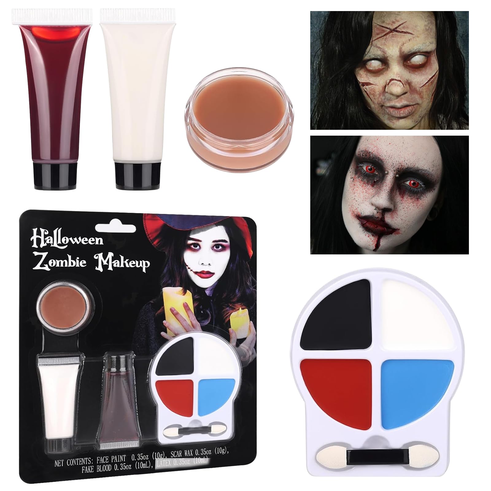 Zombie Makeup Kit - Professional SFX Makeup Set with 4 Color Face Body Paint, Liquid Latex, Fake Blood, Scar Wax for Halloween, Vampire, Clown Cosplay