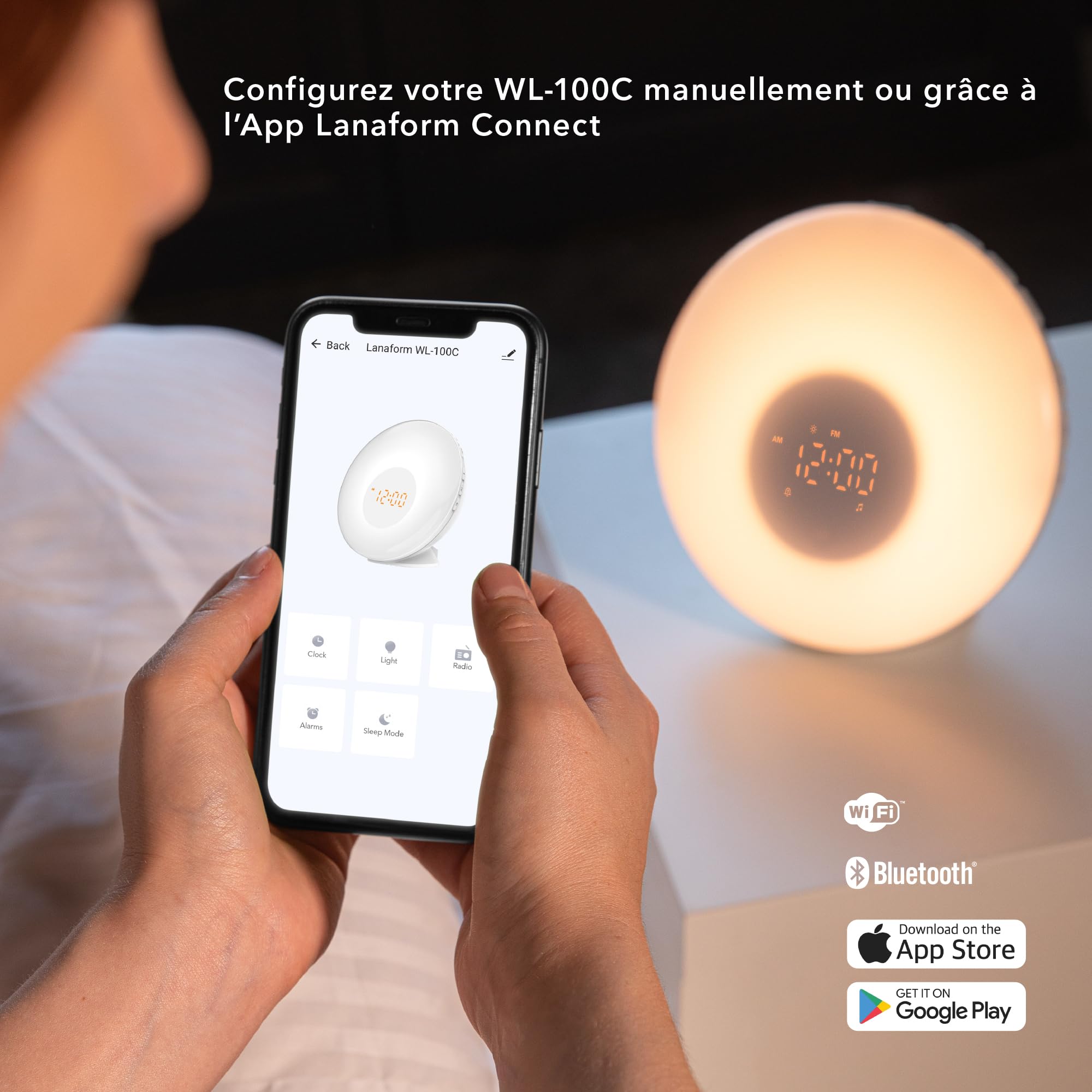 Lanaform - WL-100C - Simulateur D’aube Et De Crépuscule Connecté - Réveil Lumineux - Imite Le Lever Et Le Coucher Du Soleil - Aide À L'endormissement Avec Sons Neutres Et Ondes Alpha - 2 Alarmes