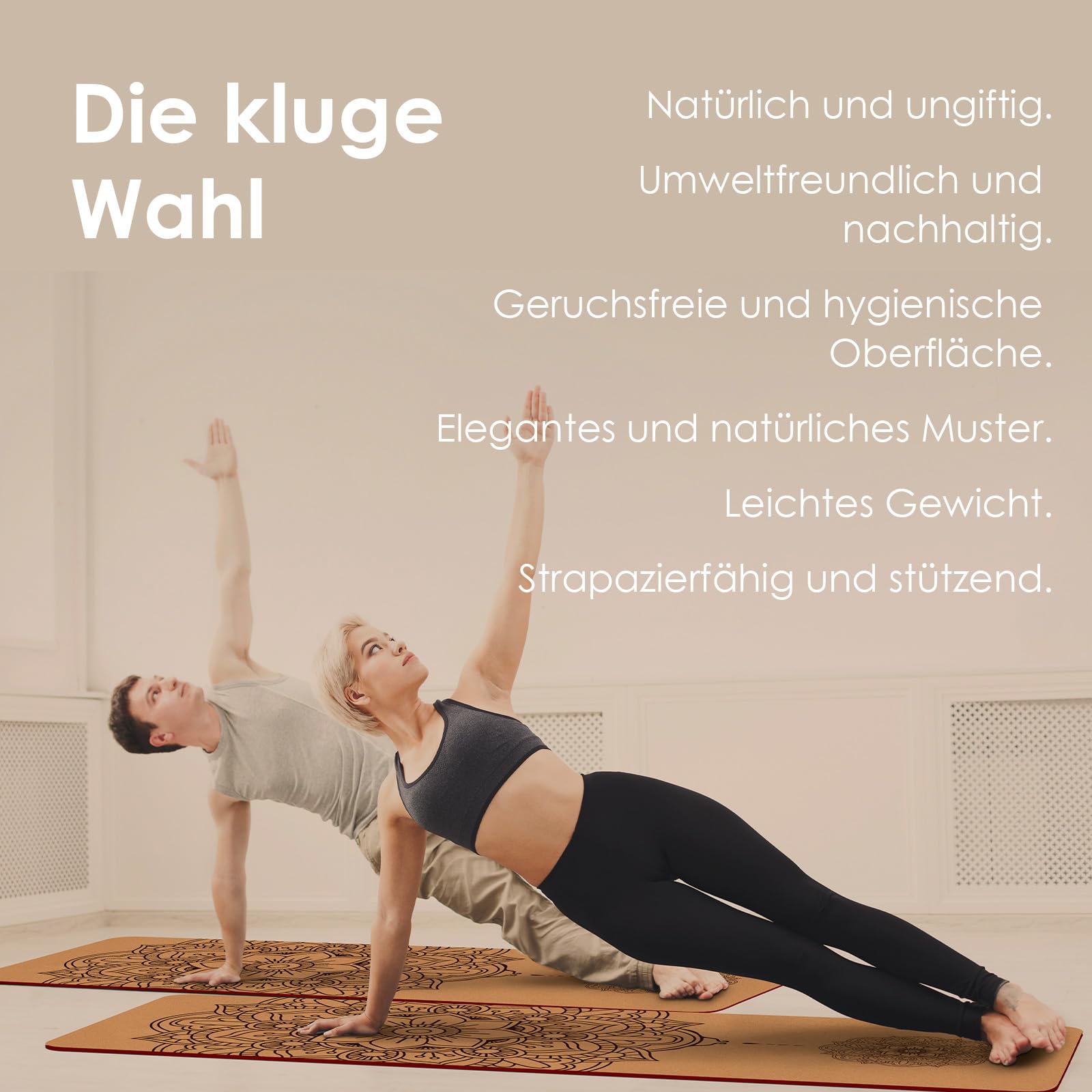 Yogamatte Kork – Rutschfeste Yoga Matte, Einzigartiges Design, Naturkautschuk TPE Gymnastikmatte, Trainingsmatte mit Tragetasche & Gurt, für Zuhause, Pilates, Aerobic Fitnessstudio und Workout