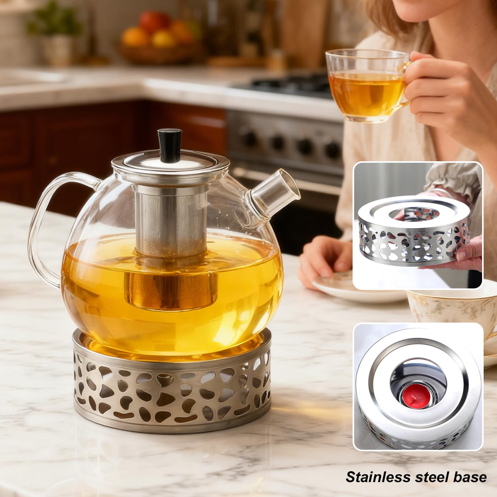 Teiera in vetro borosilicato da 1500 ml, con colino, fornello e coperchio, lavabile in lavastoviglie, per tè sfuso, tè alla frutta, mantiene caldo a lungo (1,5 l, lavabile in lavastoviglie)