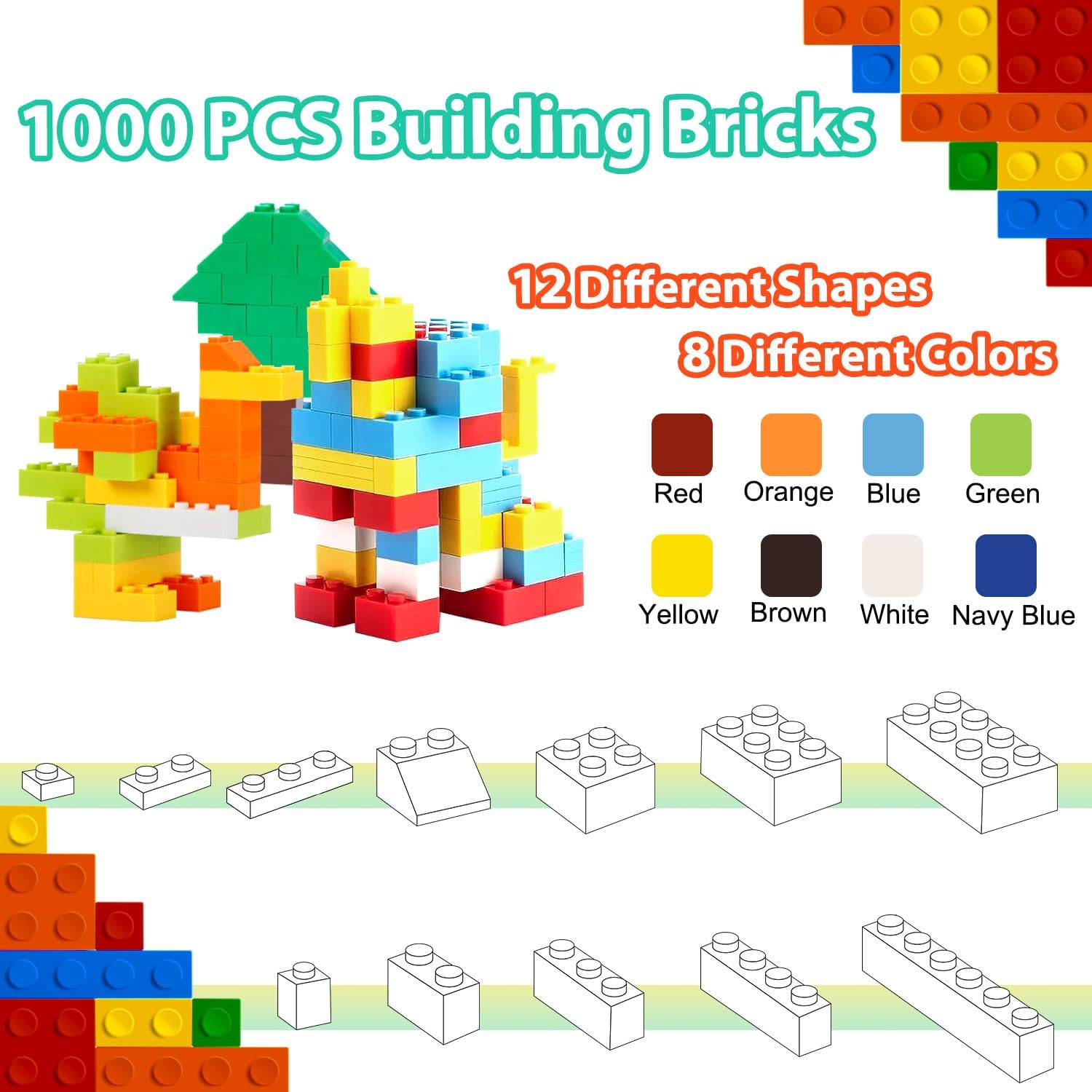 1000PCS Building Bricks, Classic Bulk Building Blocks with 3 Pack 20x20 Studs Baseplates, Compatible with All Major Brands