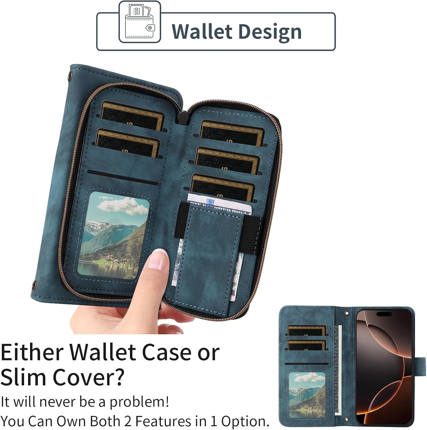 Phone Case for iPhone 16 Pro 6.3 inch Wallet Cell Cover with Tempered Glass Screen Protector Crossbody Lanyard Strap Flip Stand Zipper Purse Card Holder Slot Mobile i Phone16 i16 16Pro Women Men Blue