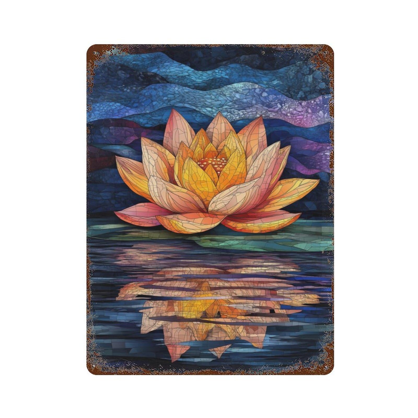Water Lily Reflection Stained Glass Art Decorative Tin Sign 15.7"x11.8", Farmhouse Wall Decor for Living Room, Hallway And Home Decor