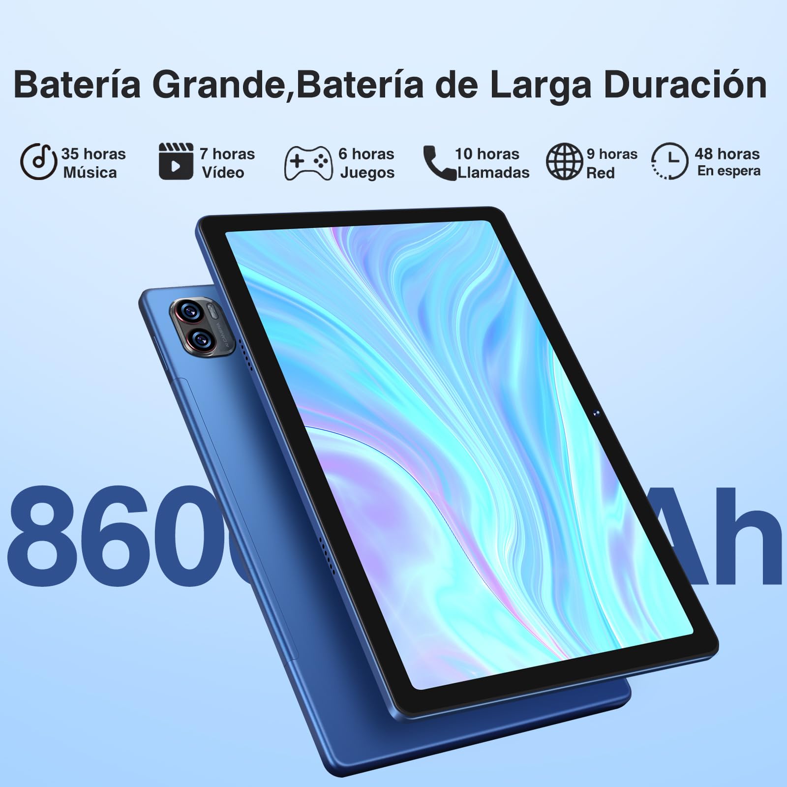 Tablet Pantalla 2K,16GB RAM + 256GB ROM + TF 1TB / 8600 mAh/Octa-Core 2.0 GHz/2000 x 1200 Pixels /5MP + 13MP/ 5G WiFi/Bluetooth 5.0,Tablet con Funda Azul