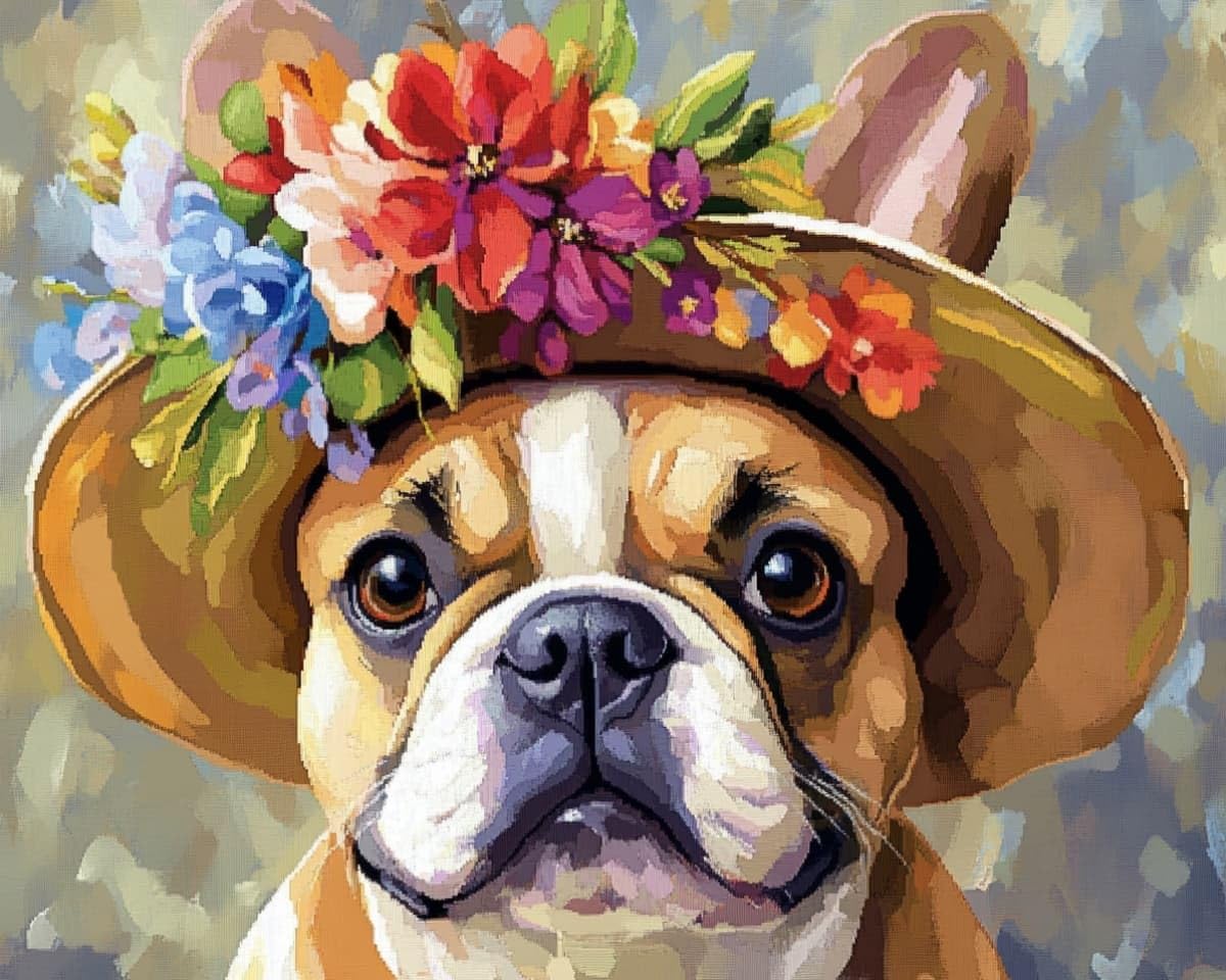 AxiangziK Cross Stitch Kits for Adults 16x20in,Bulldog Wearing a Flower hat DIY Art Embroidery Kits for Beginners Gift Home Decor preprinted 11CT