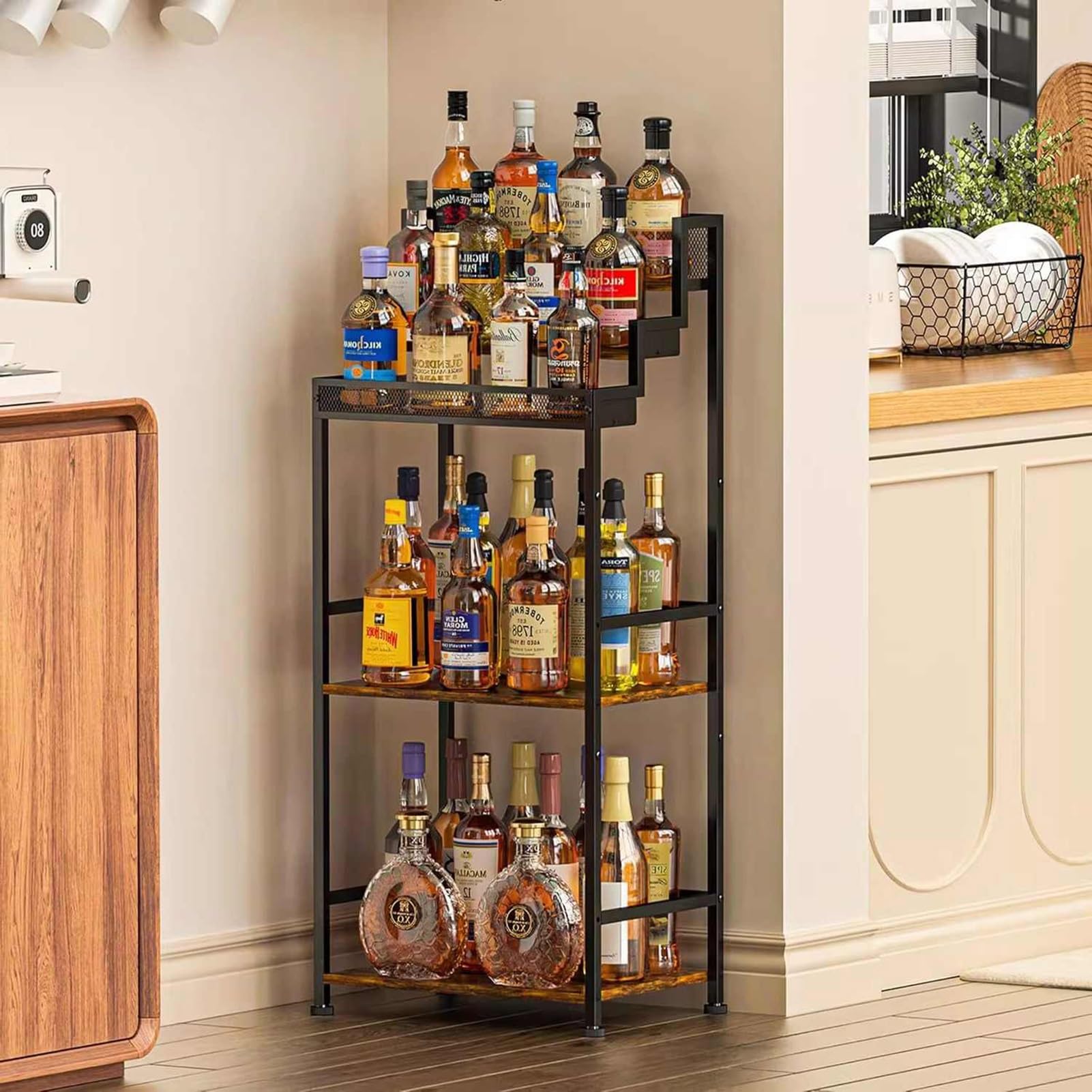 OOPDNEGAK Tier Trapezoid Liquor Stand - Vintage Blak Freestanding Wine Rack, Storage Tiered Wine Rack, Stylish Corner Display/shelves, Solid Wood And Metal Storage Racks/shelves