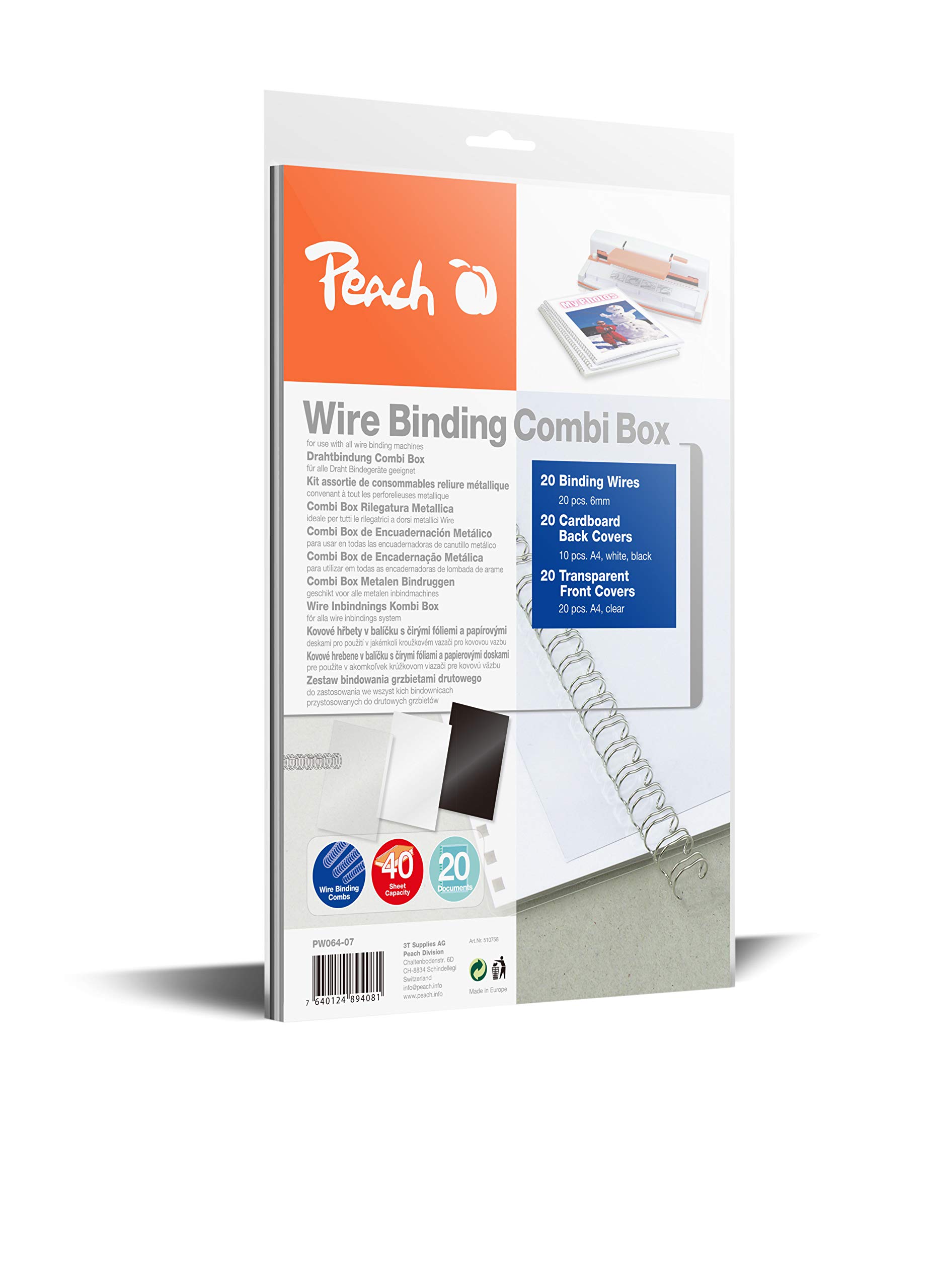 Peach Draht Bindemaschine - Personal Wire Binder DIN-A4 - bindet 60 Seiten - inkl. 5x PW079-07 Wire Binding Combi Box - 5x20 Binderücken Silber - Deckblätter - 6 Blatt Stanzkapazität - PB300-15P