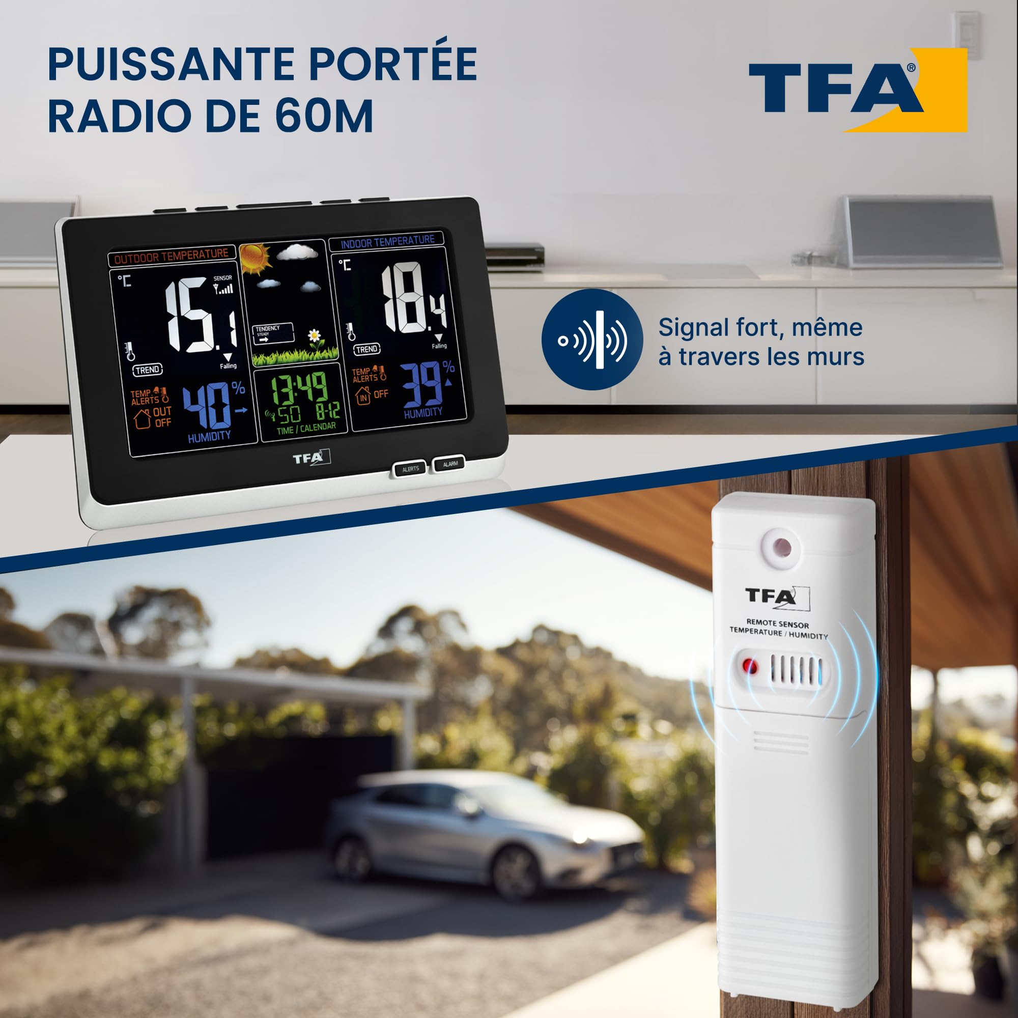 TFA Dostmann Station météo numérique sans fil Spring, 35.1129, avec capteur extérieur, prévisions météo animées, thermomètre et hygromètre, écran couleur, 2 niveaux de luminosité, noir