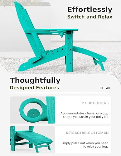 Miniatura 7 de Ciokea Silla plegable Adirondack con otomana retráctil para hoguera, silla de patio con reposapiés extraíble, resistente a la intemperie, silla de