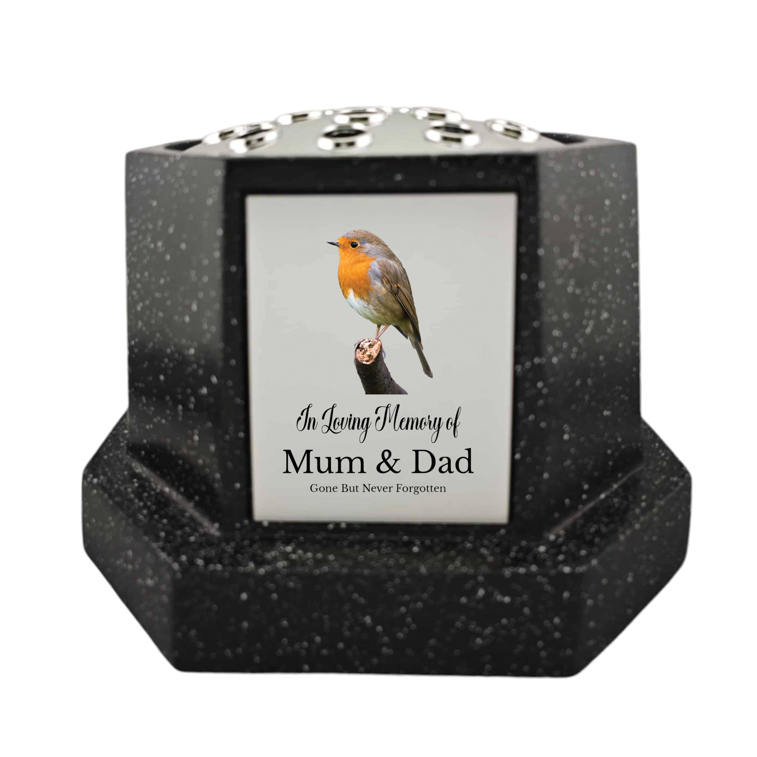 1Stclassgifts Black In Loving Memory Of Memorial Octagon Rose Bowl Grave Marker Flower Pot Vase With Robin Design Mum Dad & Lots More /Silver (Uv Printed) (Mum & Dad)