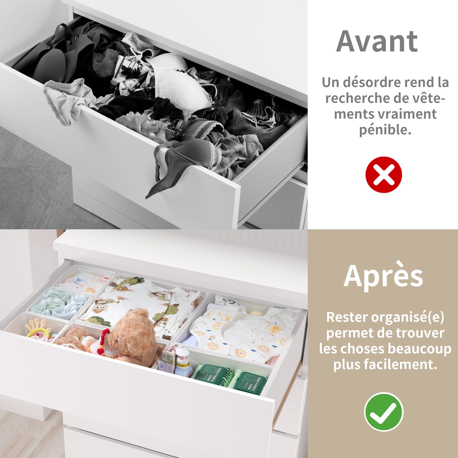 Organizador Cajón 14 piezas - Compatible con Cajonera Malm, Cajas de Almacenamiento Plegables de Tela, Separadores para Prenda, Ropa Interior, Calcetines y Bebé - Blanco