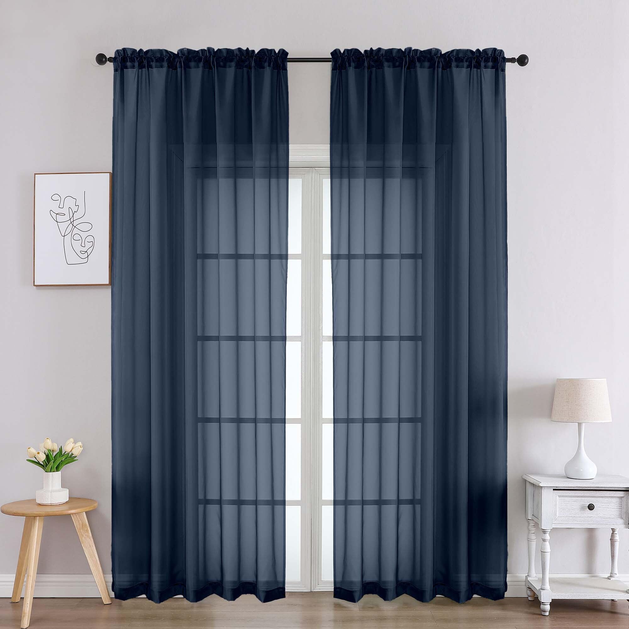 Chyhomenyc Navy Blue Sheer Curtains 90 Inches Long 2 Panels, Light Filtering Navy Blue Curtains for Living Room, Soft Gentle Voile Rod Pocket Bedroom Window Drapes, 59Wx90L Inch, 2PCS