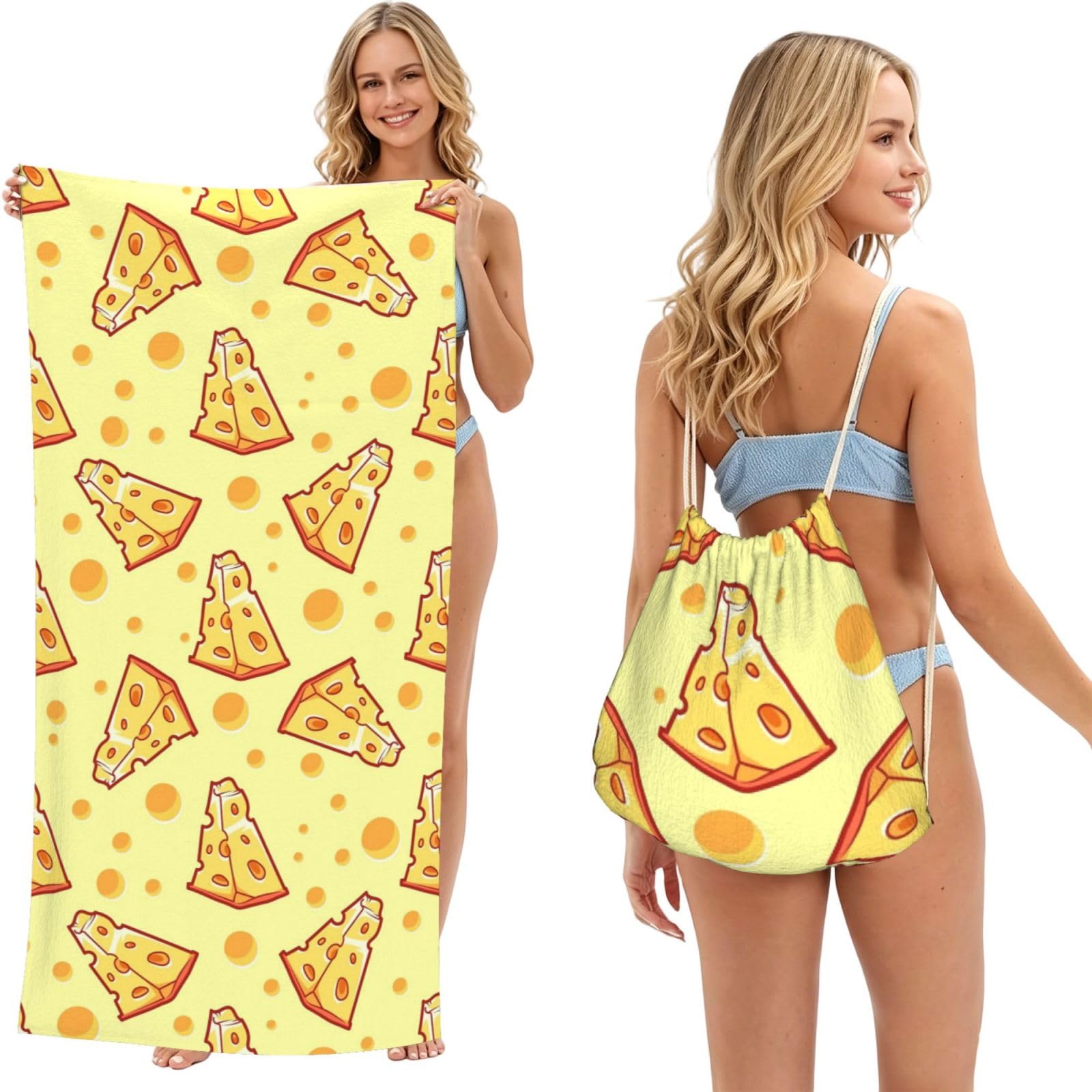 Poadnly As Picture Cheese, 2 In 1 Packable Towel Bag, Beach Towels With Drawstring Backpack For Travel Holiday Camping