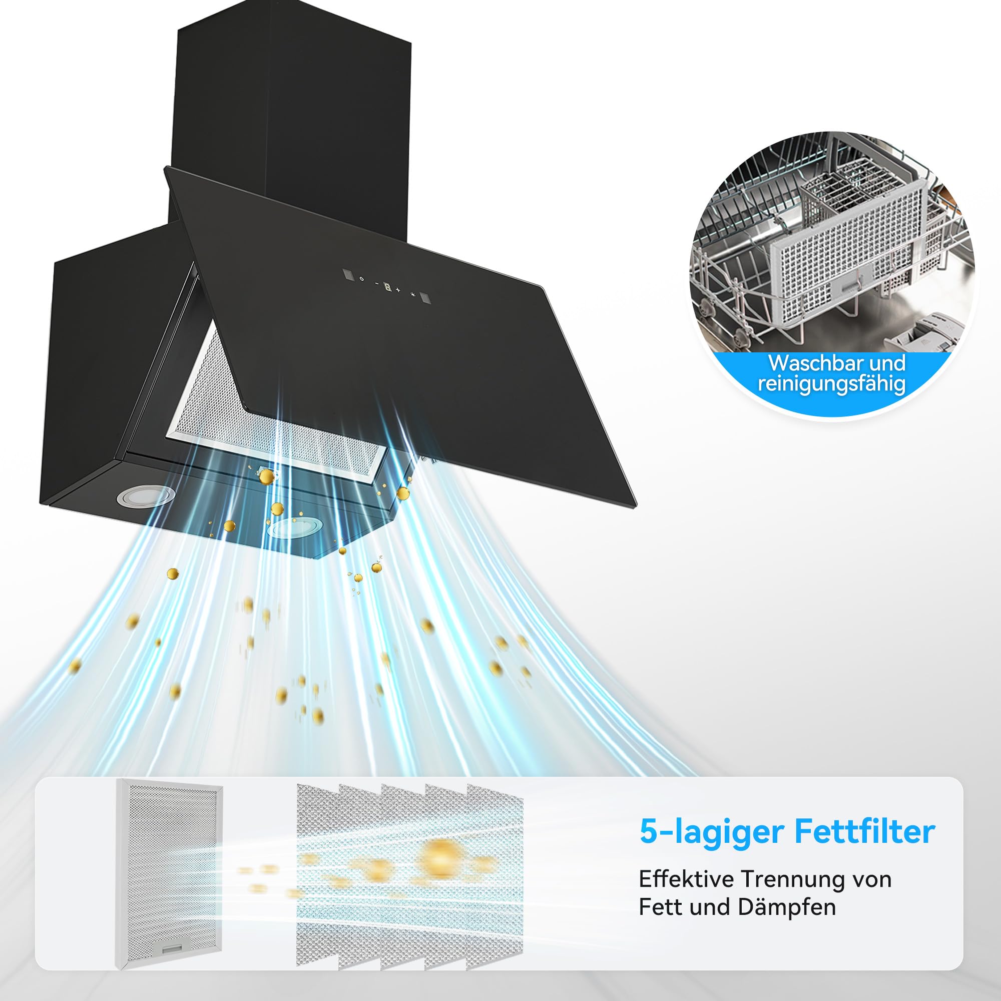 Dunstabzugshaube Schräghaube 60 cm A+++ 416 m³/h 58 dB Leise Touch- & Gestensteuerung Abluft/Umluft LED Schwarz