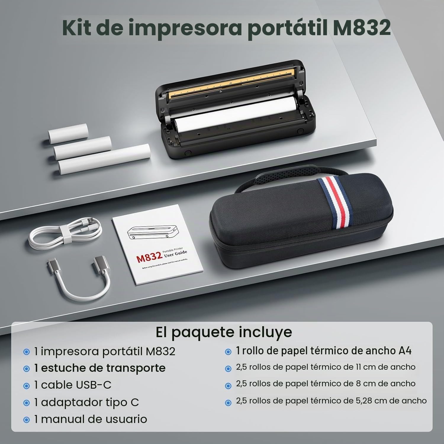 300dpi Impresora Termica Portatil A4, 2600mAh Impresora Portátil, Impresora Portatil Inalambrica, M832/M834 Plus Impresora Térmica A4 Bluetooth, Compacta