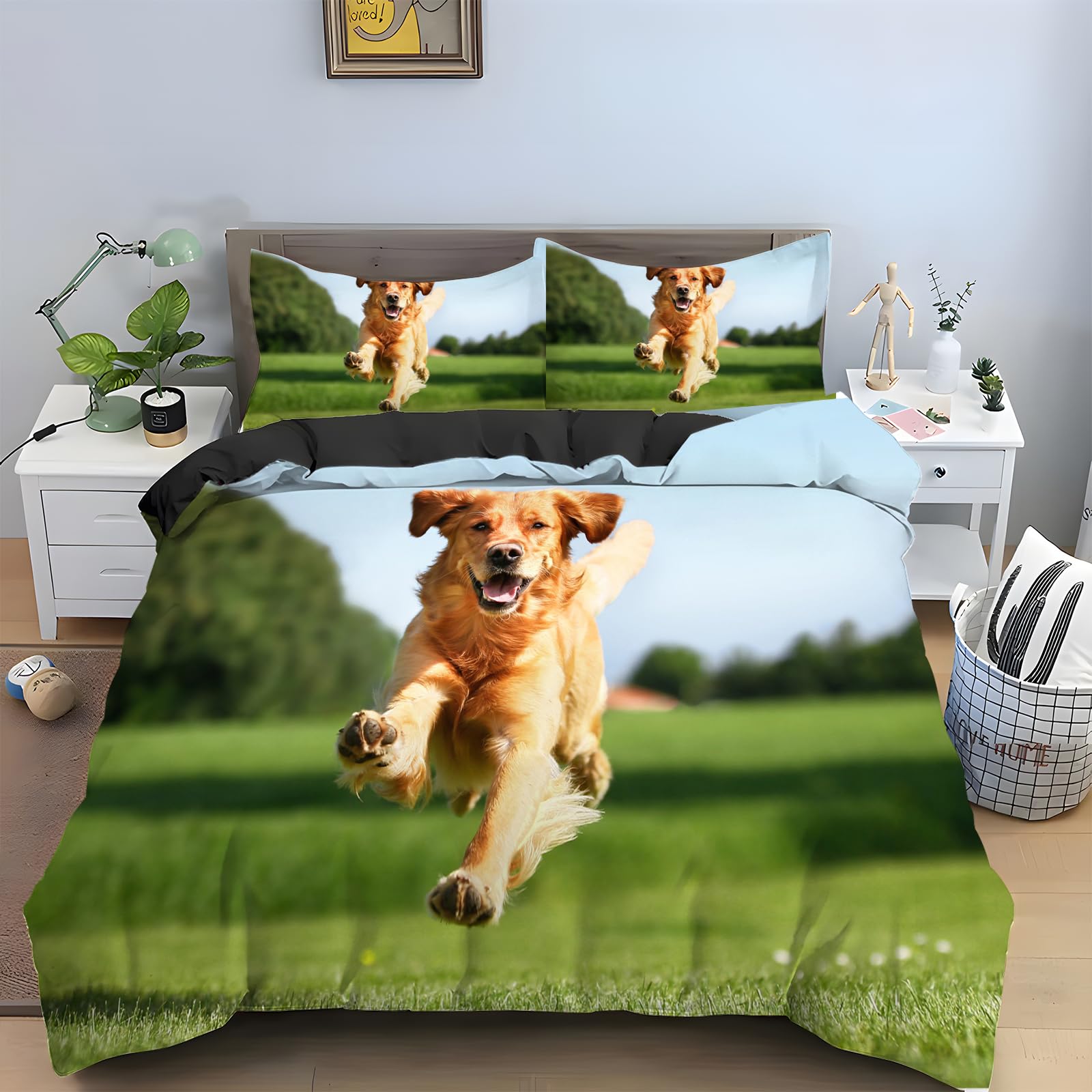 Housse de couette 240x260 chien vert taie oreiller 65x65 zip