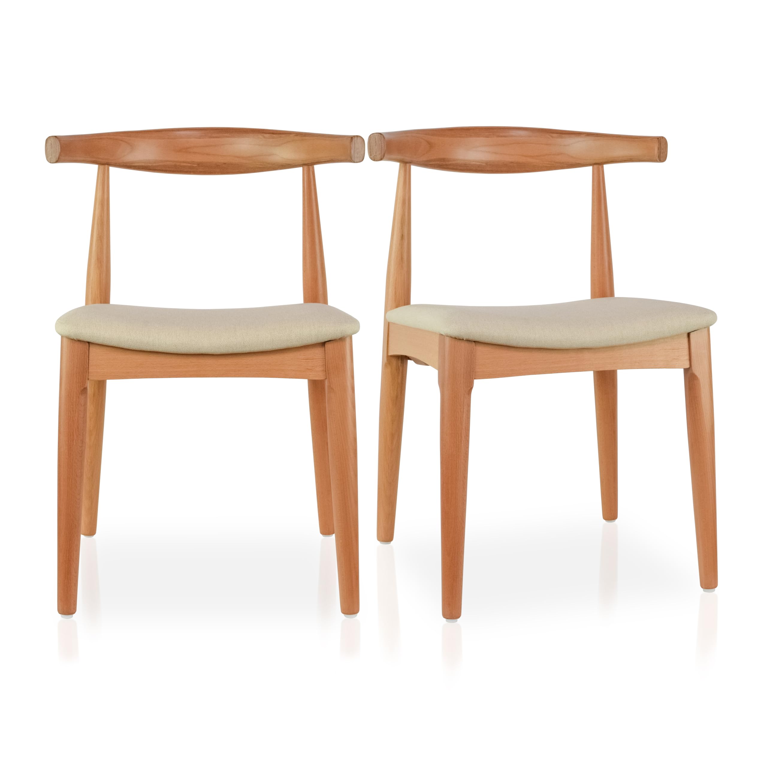 2xhome Set of 2 Solid Wooden Dining Chairs | Upholstered Beige Cloth Linen Cushioned Seat | Modern Farmhouse Elbow Side Chair | Home, Kitchen, Office,