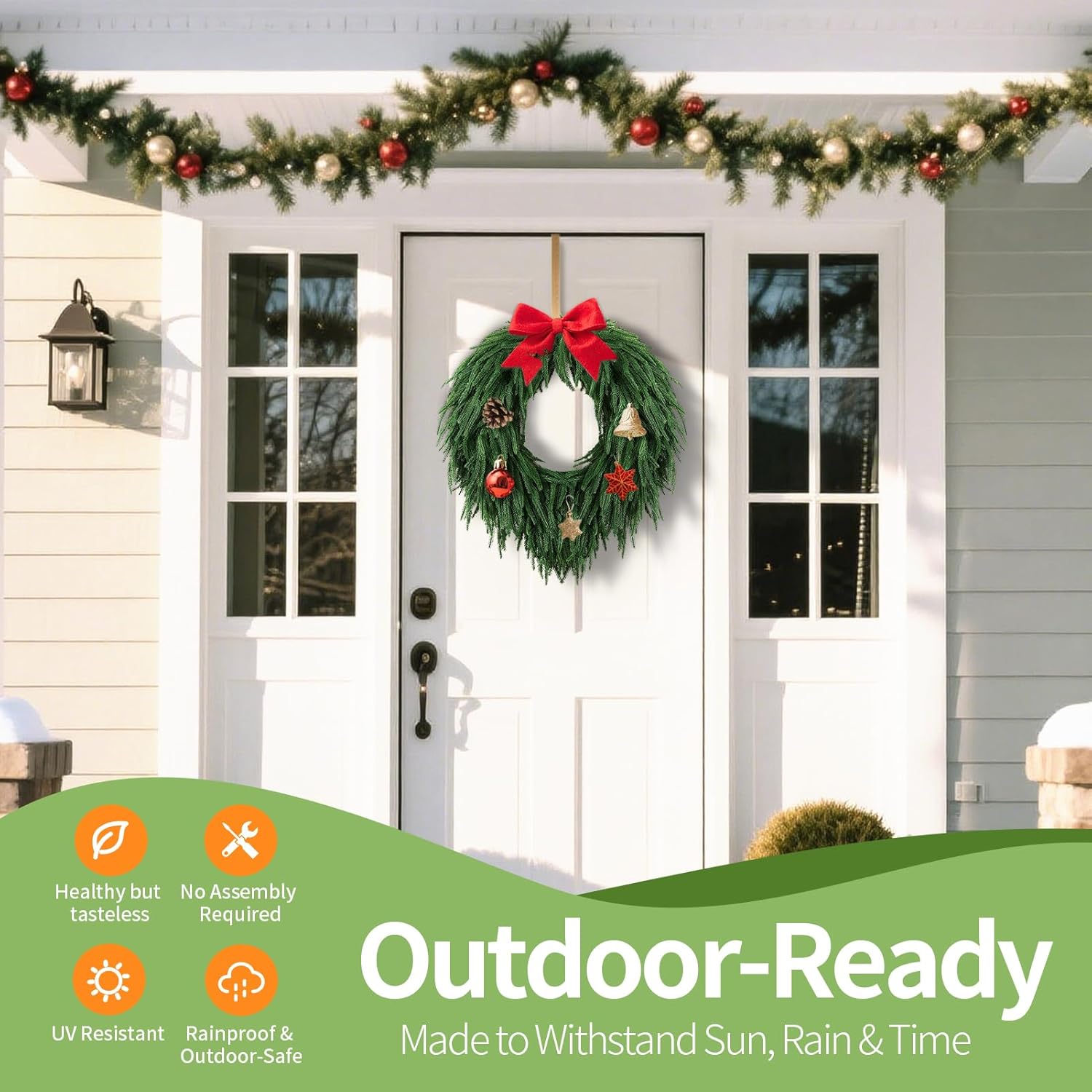 24" Norfolk Pine Christmas Wreath for Front Door – Large Artificial Greenery Wreath for Wall, Porch, or Indoor Outdoor Holiday Decor – Real Touch Pine Foliage (1, 24") - Image 2