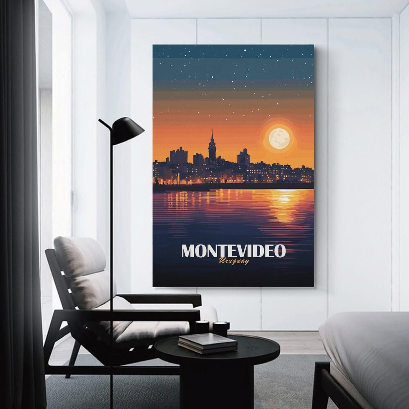 Junmoney Montevideo Uruguay Cityscape at Night Home Decor Wall Art, 24x36inch(60x90cm), for Apartment Walls, Studios Or Work Areas, Stylish Wall Art for Fresh Spaces