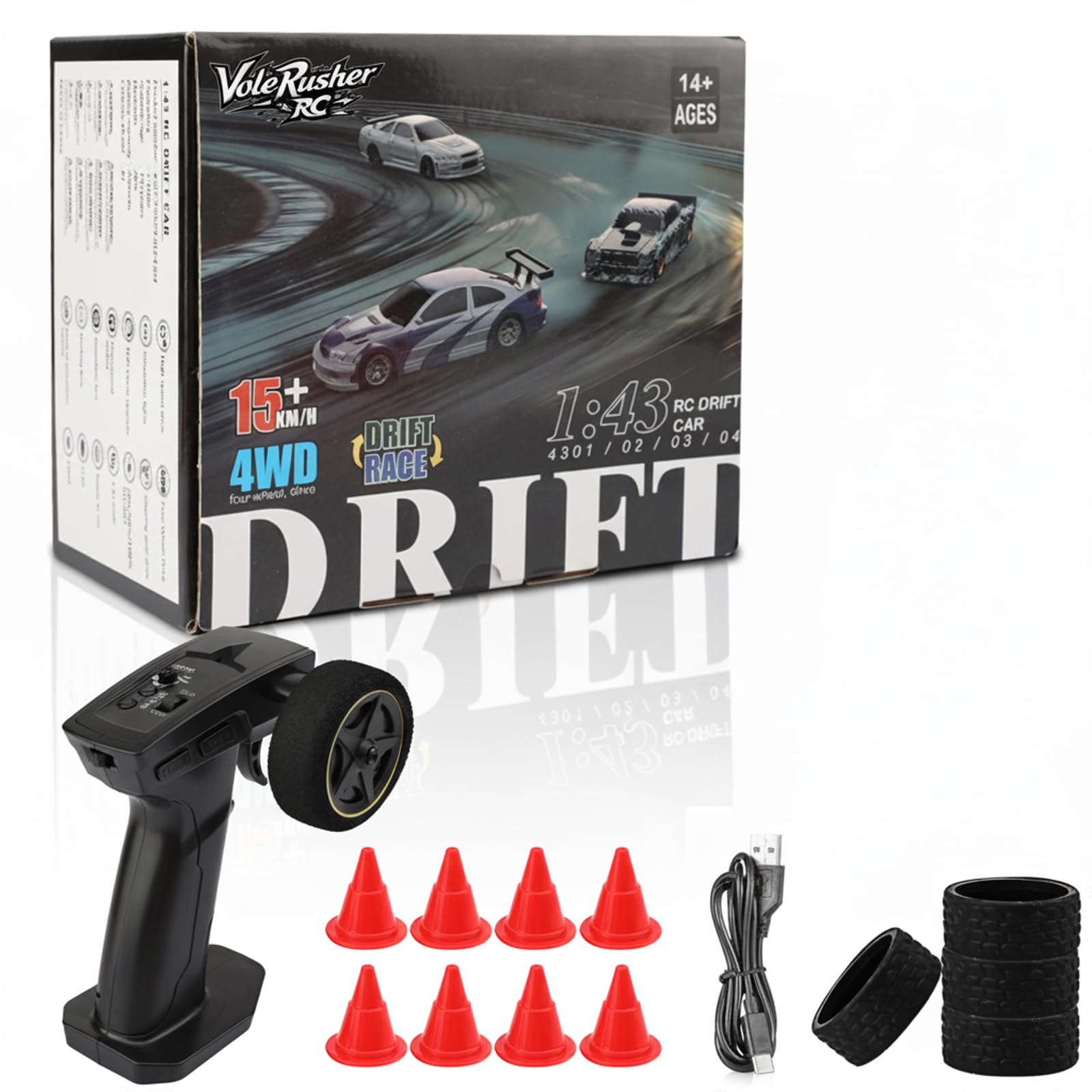 1/43 Scale Mini RC Drift Car with Gyroscope - Micro Small with Full Proportional RTR 2.4GHz Remote 2 Tire Sets 8 Cones, High Speed Desk with LED Lights - White Red