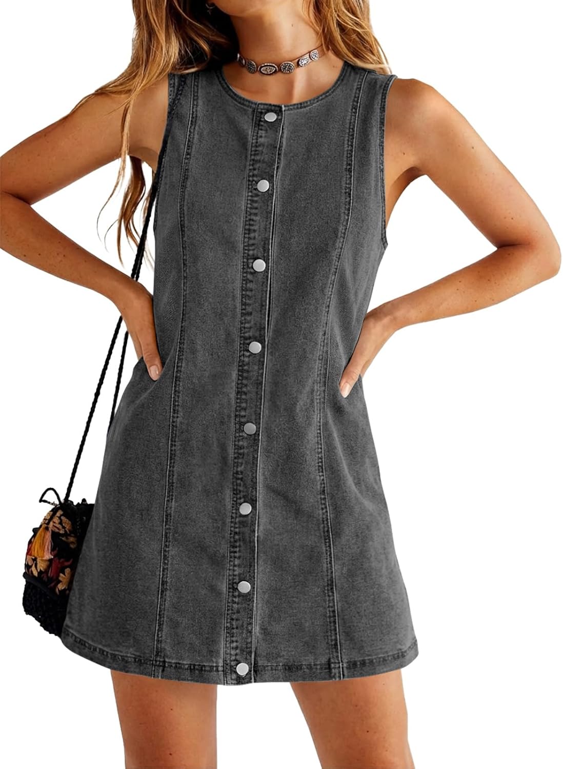 Yousify Womens Sleeveless Denim Overalls Dresses Summer Button Down A Line Jean Mini Romper Dress with Pockets