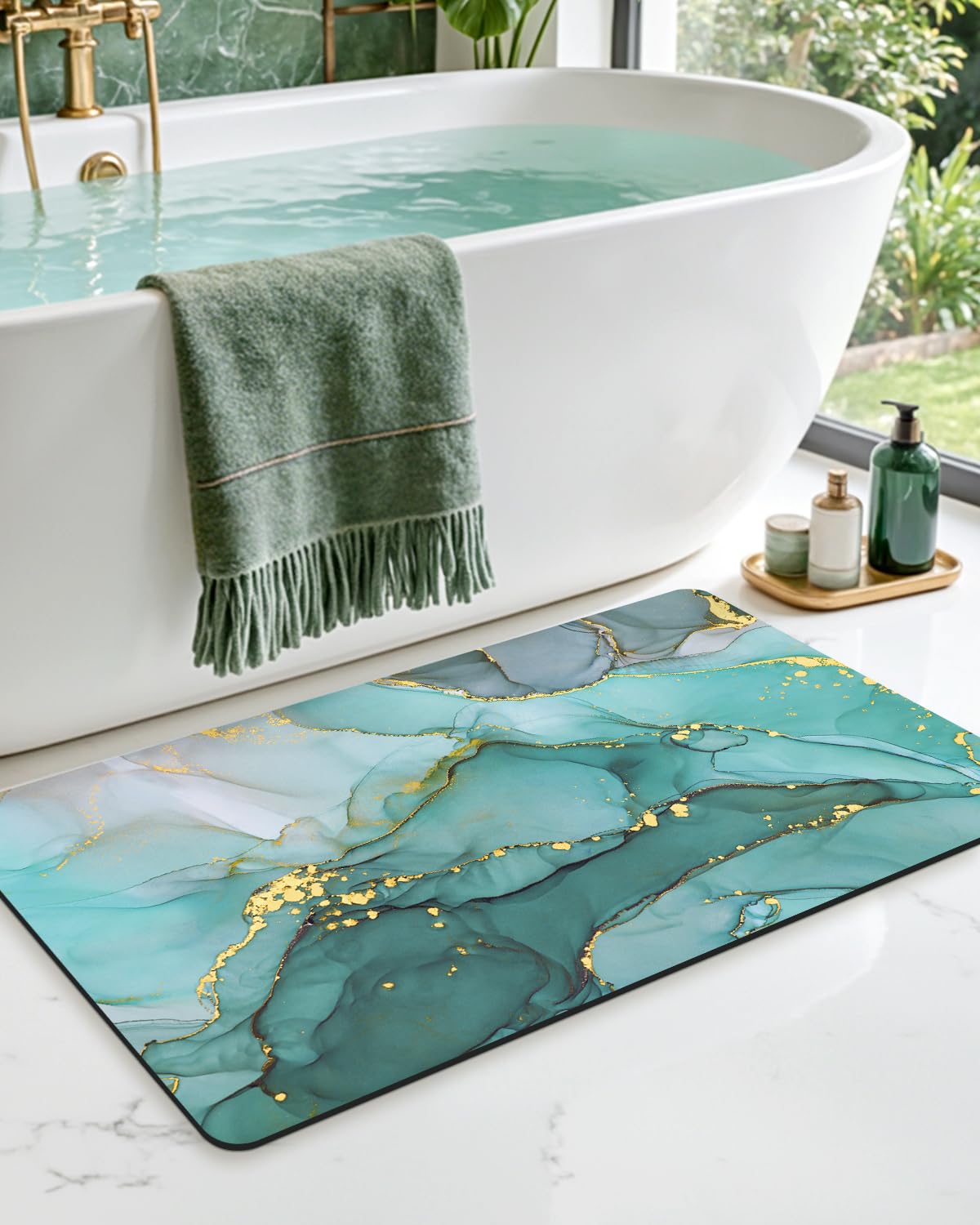 Tapis de bain absorbant pour évier et toilettes DEXI vert turquoise style marbré