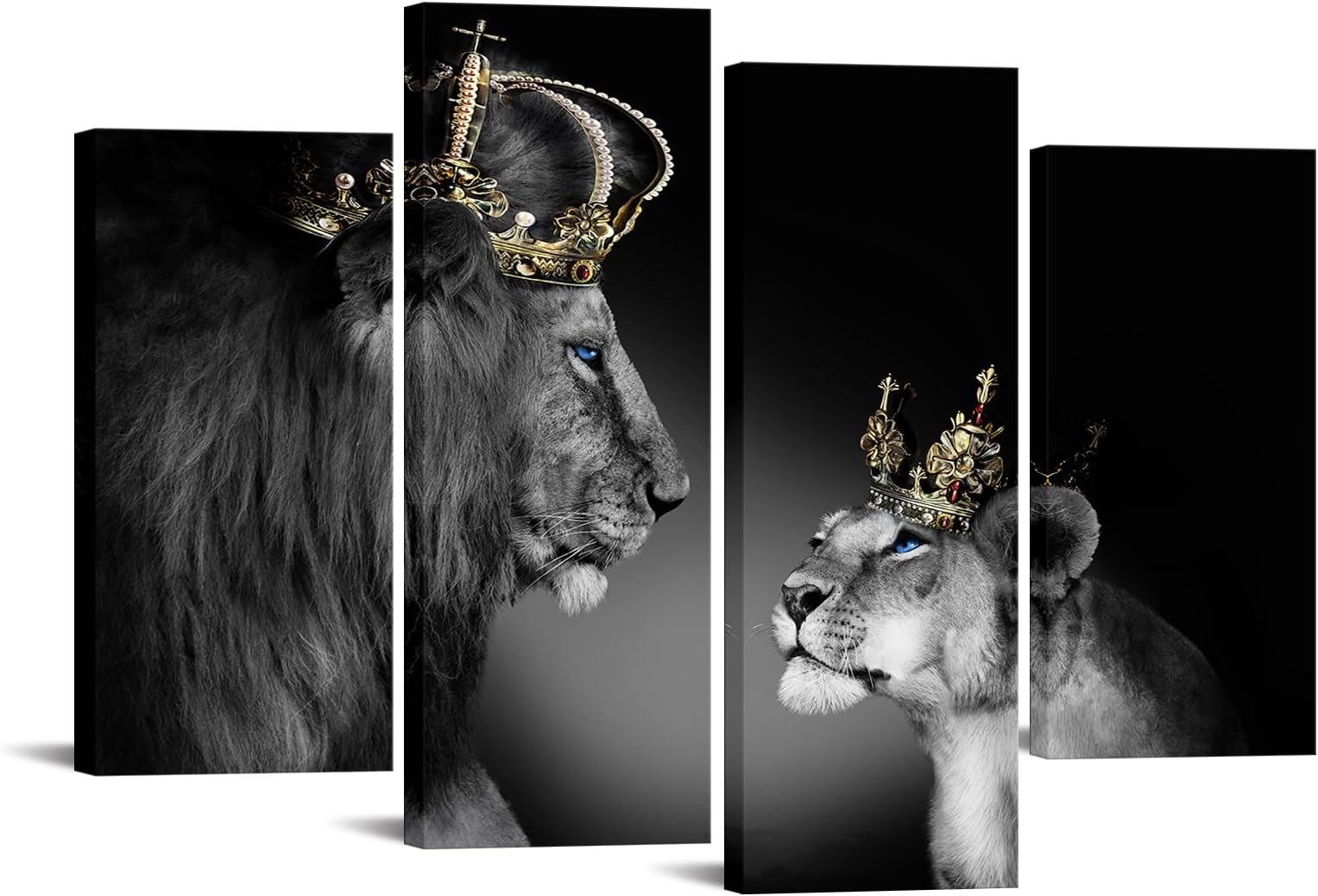 Large 4 Panel Wall Decor The Lion King and Queen with Crown Wall Art African Wild Animals Canvas Prints Pictures Black and White Modern Giclee Framed Artwork for Master Room Ready to Hang 48x33inch