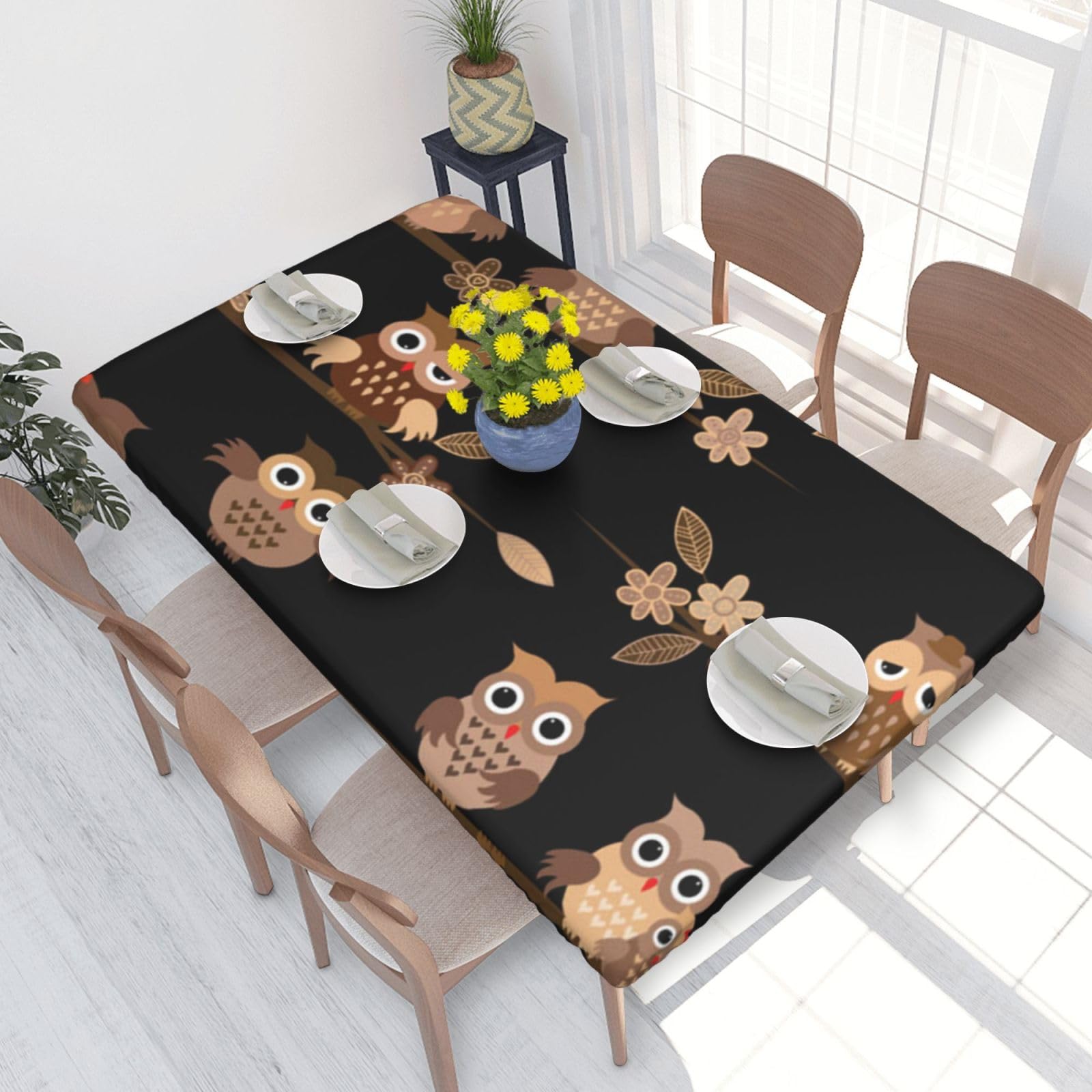 BNVSADC Cute Brown Cartoon Owls Printed 4FT Tablecloth 122x76 CM Polyester Kitchen Water Resistant Table Cloth Dining Table Decoration Table Covers