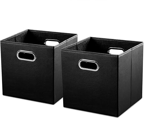 Miniatura 11 de PRANDOM Contenedores plegables de cuero de 11 x 11 pulgadas [paquete de 2] cestas de almacenamiento de tela, cajones con asas de algodón
