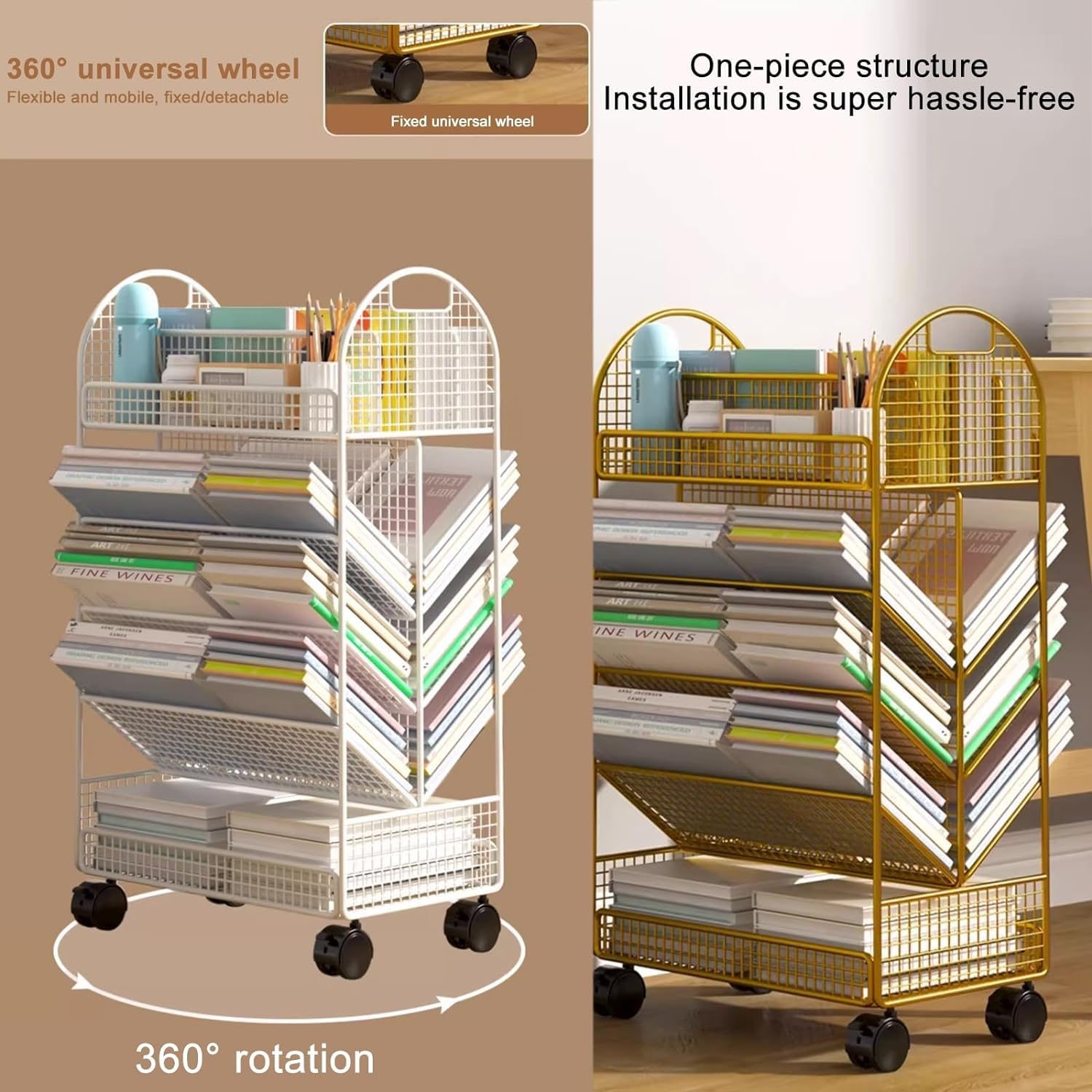 PEYNIR Libreria semplice Carrello per libreria mobile Scaffali per libri mobili con rotelle con serratura Carrello per libreria unico con cestello portaoggetti laterale