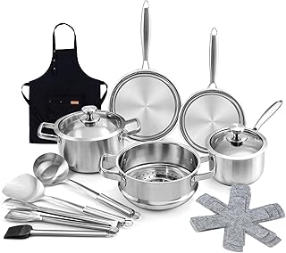 Stainless Steel Pots and Pans Set, 16-Piece Stainless Steel Pot Sets with Steamer and Glass Lids, Cookware Set Compatible ...