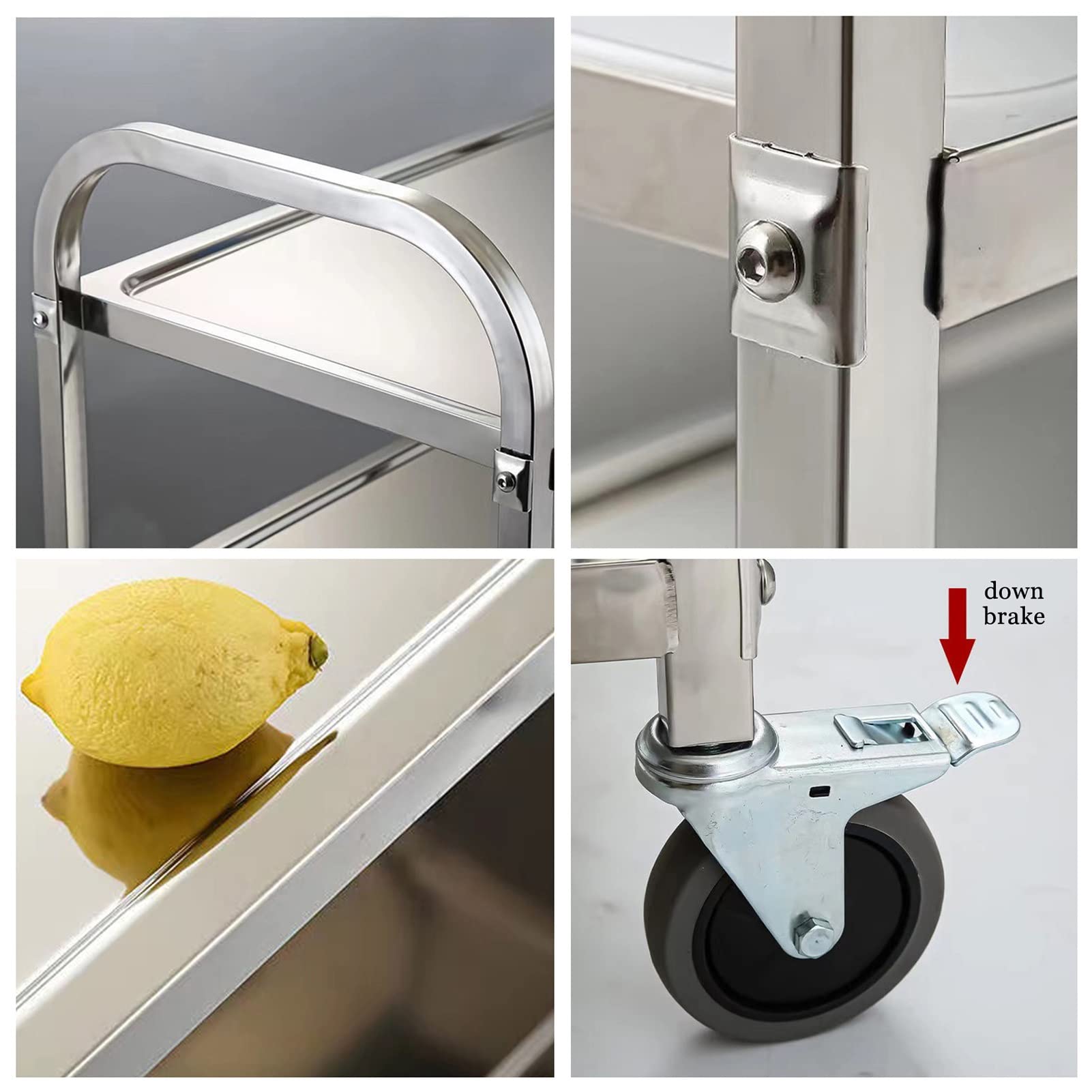 Chariot de cuisine roulant en acier inoxydable – Étagère utilitaire à 2 niveaux sur roulettes, support de rangement peu encombrant pour la maison, chariot de salle à manger et de cuisine, chariot de