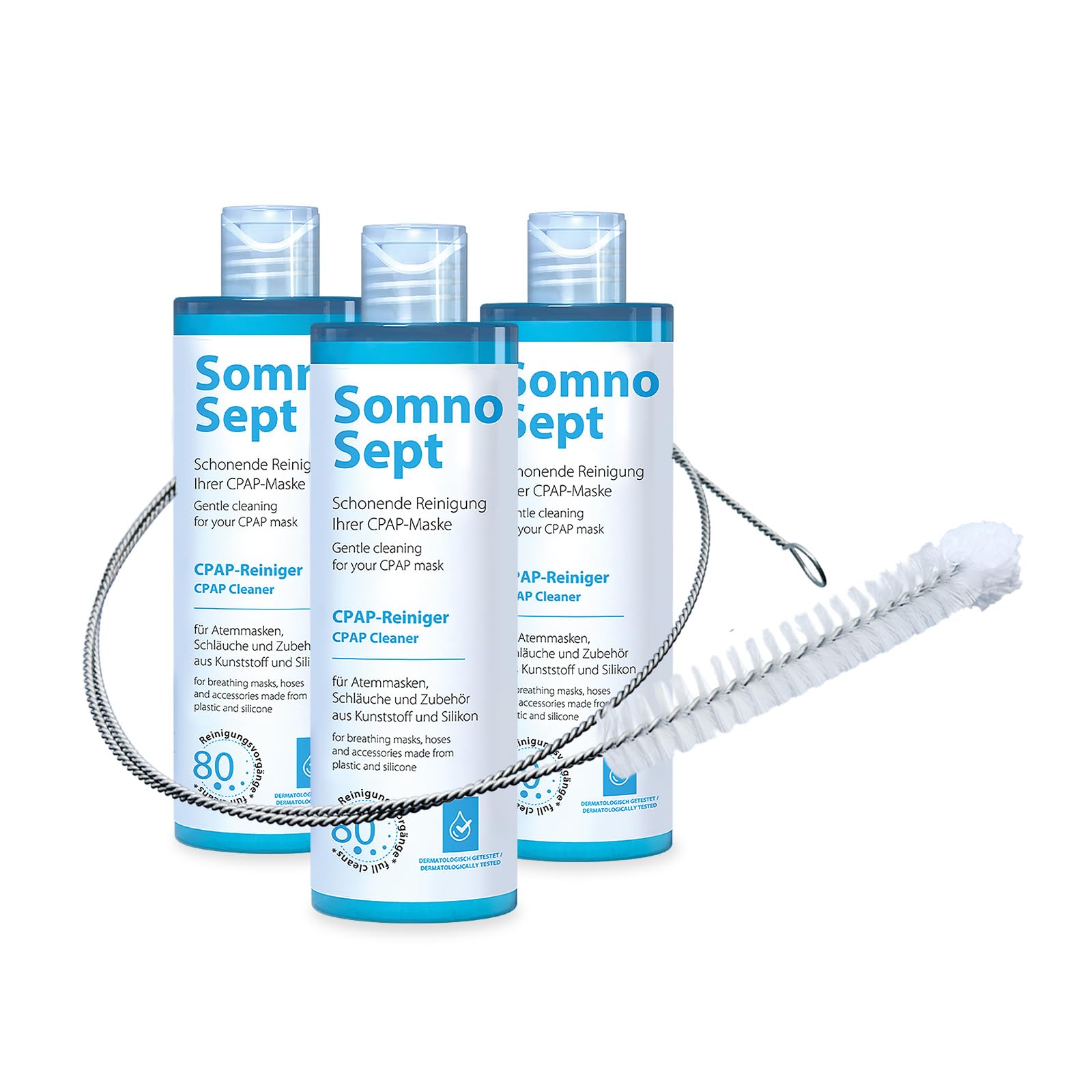 Pacchetto di pulizia CPAP – 3 x detergente CPAP SomnoSept 400 ml e 1 x spazzola per tubi oxyhero CPAP da 120 cm, 15 mm – pulizia accurata della maschera CPAP e del tubo CPAP
