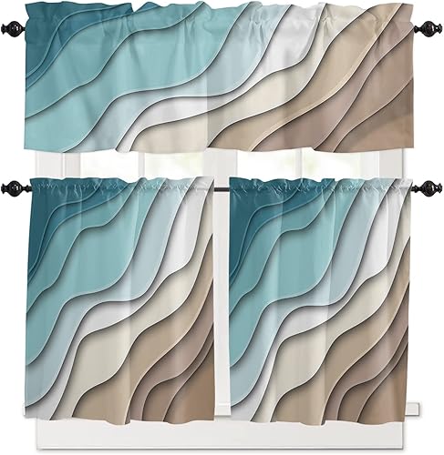 Juego de cortinas de cocina de color marrón verde azulado, medias cortinas cortas de 36 pulgadas de largo, juego de cortinas y cenefa de nivel