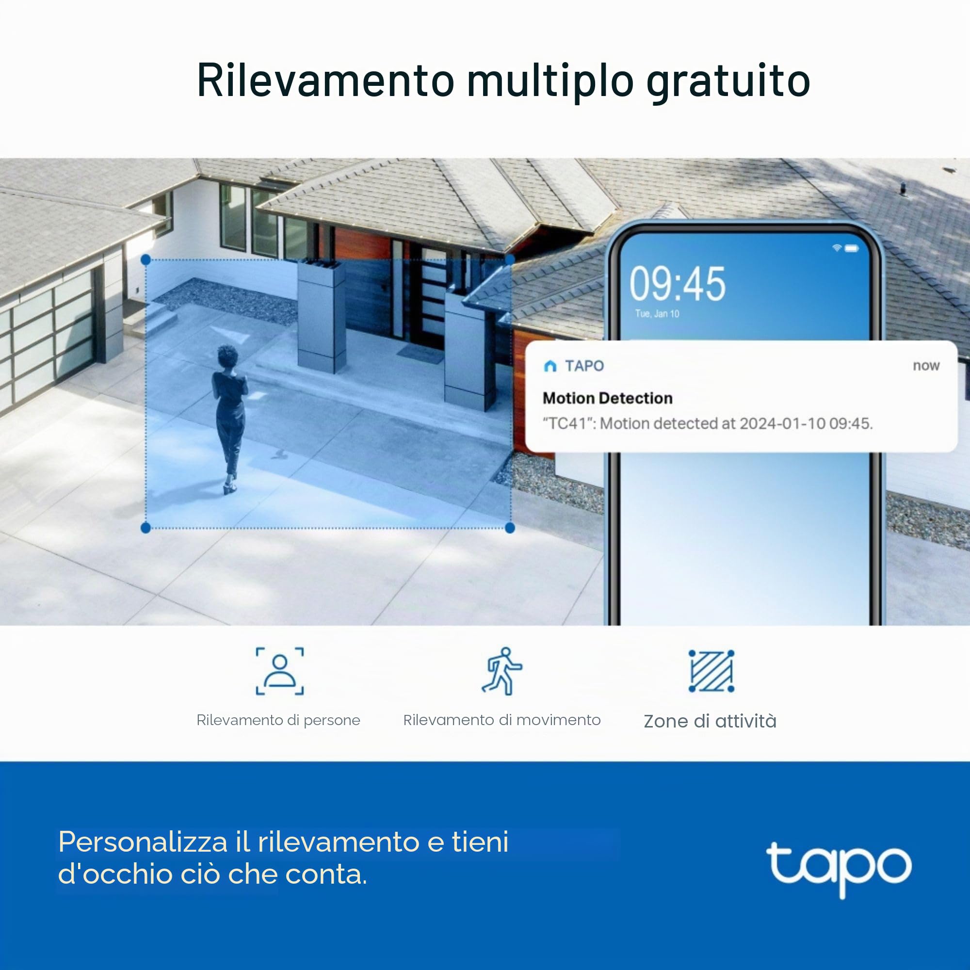 Tapo TC41 Telecamera di Sicurezza Esterna Pan/Tilt 2K, Telecamera WiFi, Rilevamento Intelligente di Persone a 360° con Tracciamento del Movimento, Visione Notturna a Colori Completi, Nessun Canone