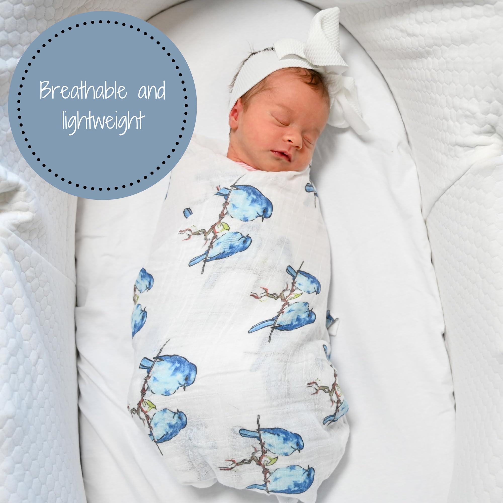 LollyBanks Manta para envolver | 100% algodón de muselina | Esenciales para recién nacidos y bebés para niñas, registro | Estampado de pájaros azules