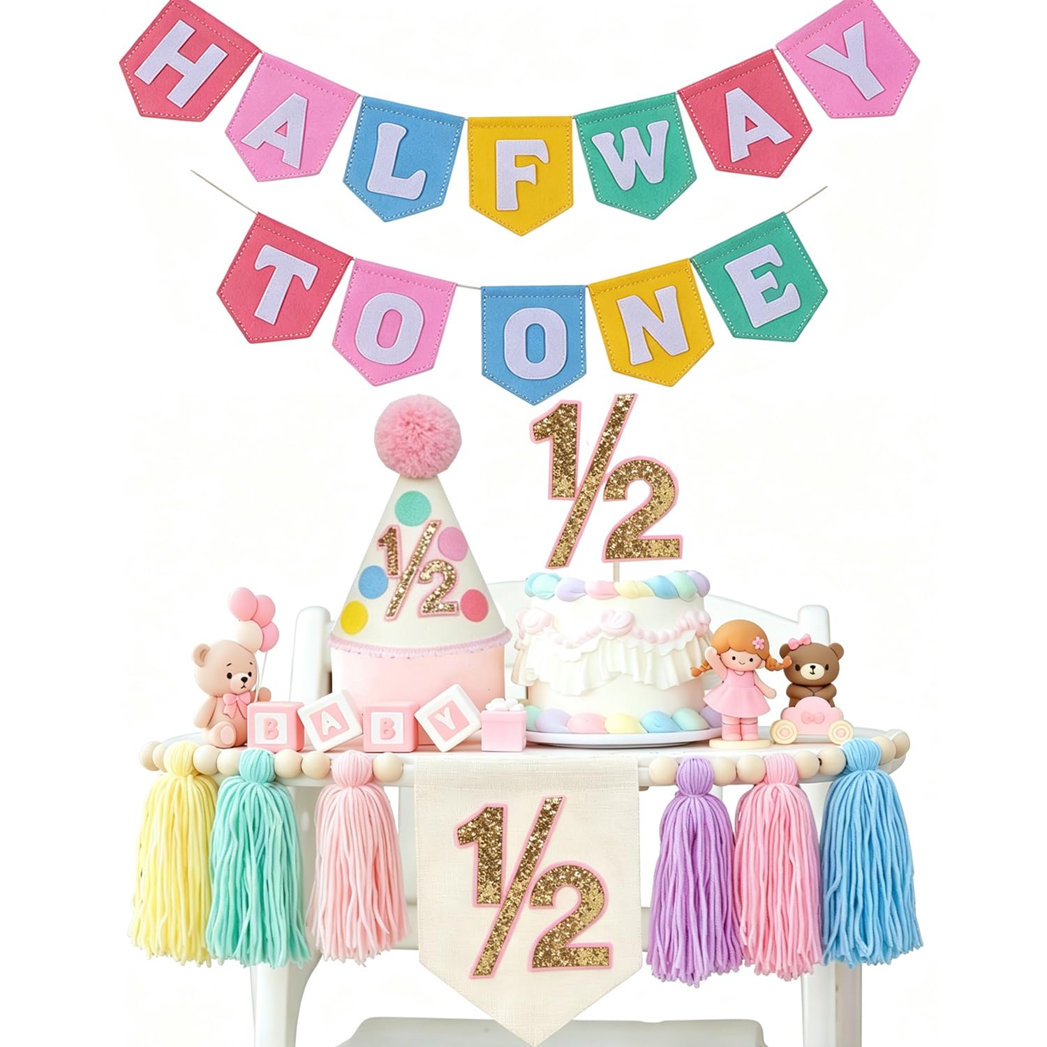 Half Birthday Decorations For Girls - Half Way To One Decorations With 6 Months Birthday Banner 1/2 Birthday Girl Highchair Banner Cake Topper & Party Hat 6 Months Birthday Decorations