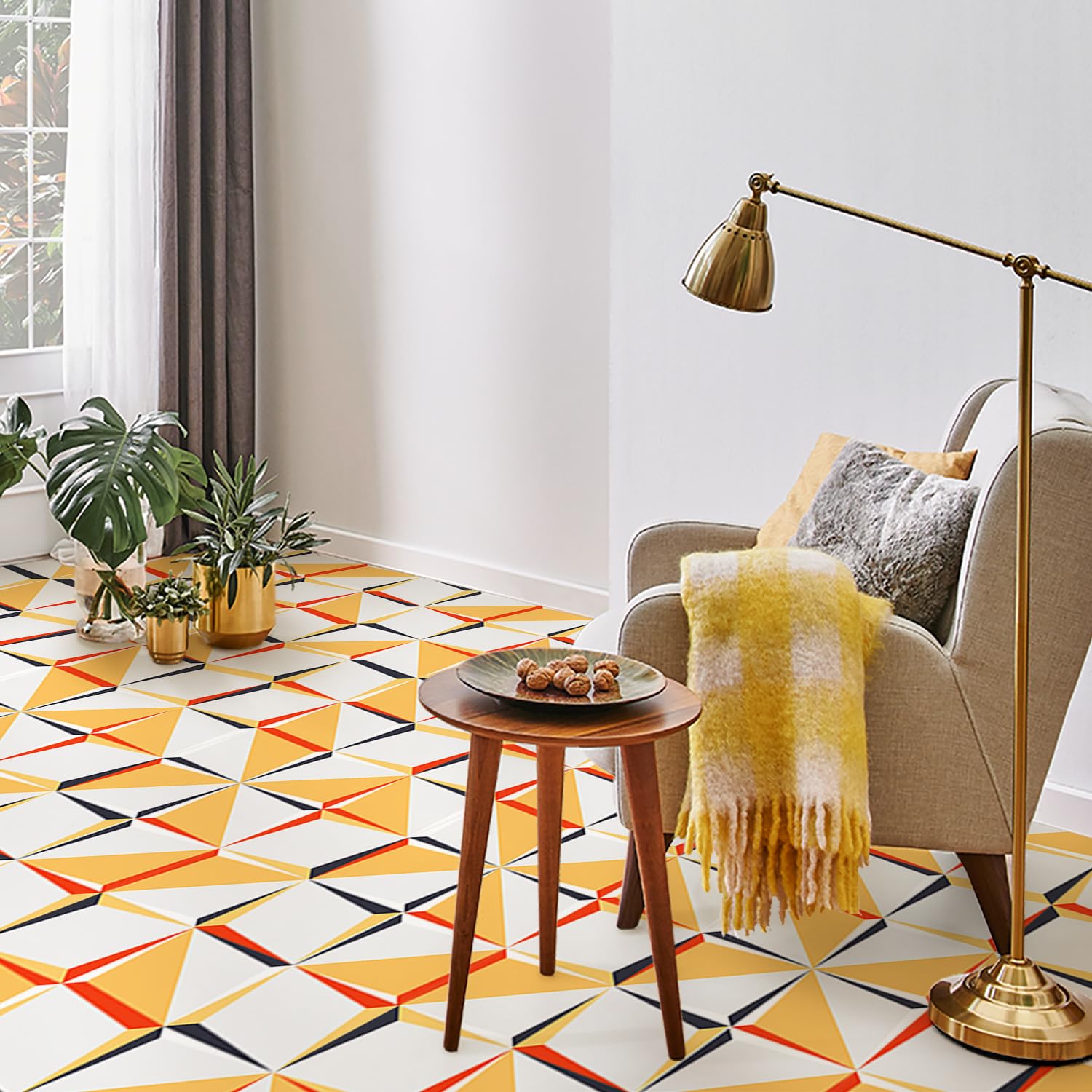 Alwayspon Peel and Stick Floor Tiles, 20cm/8inchx12Sheet Waterproof Removable Non-Slip Vinyl Plank Flooring Tile for Bathroom Kitchen Bedroom, Renter Friendly Floor Decor DIY, Red Yellow Black
