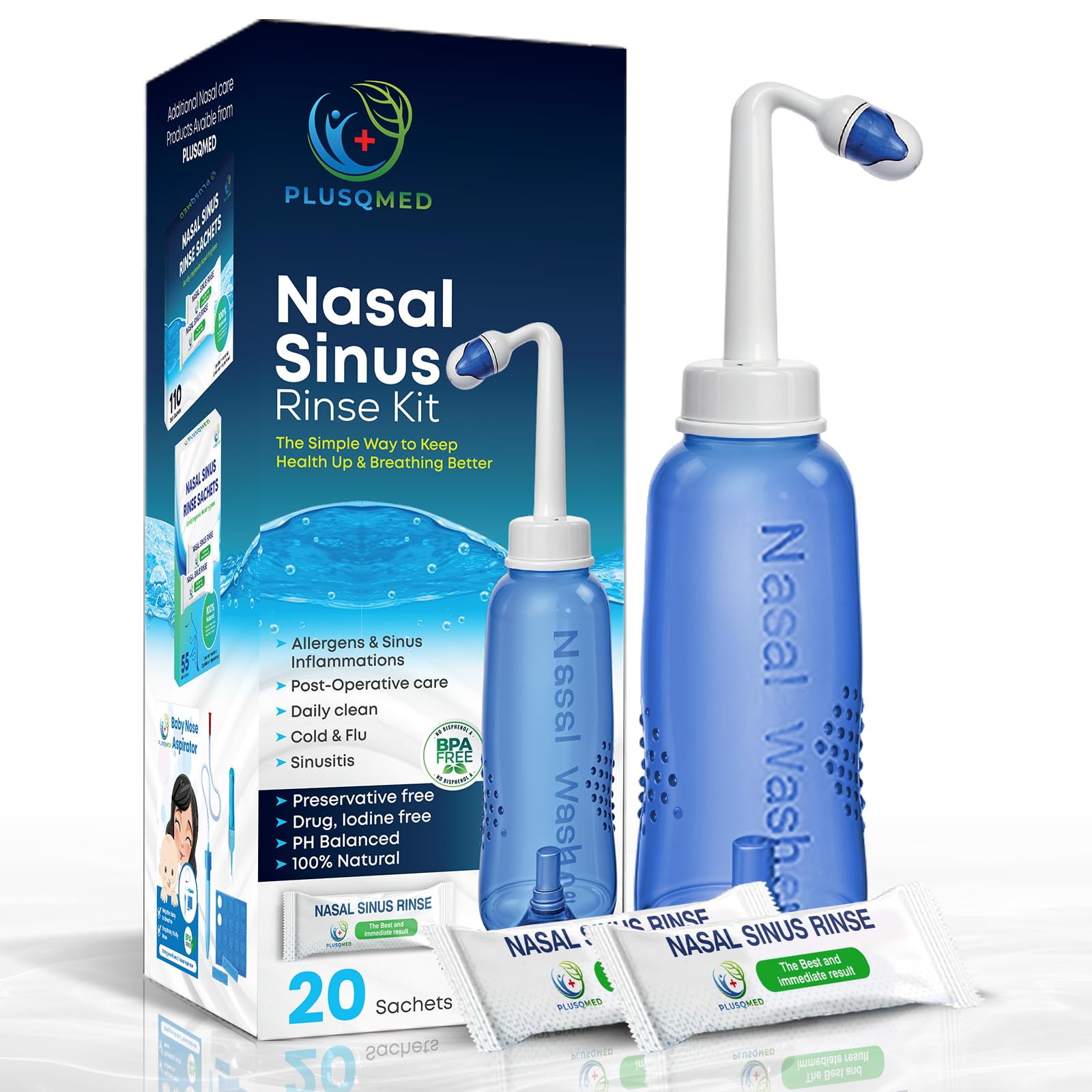 Nasal Rinse Kit – 300ml Bottle + 20 Saline Packets – Neti Pot for Sinus Relief & Nasal Hygiene – PH Balanced, Drug-Free, Preservative-Free – Suitable for Adults & Children 5+