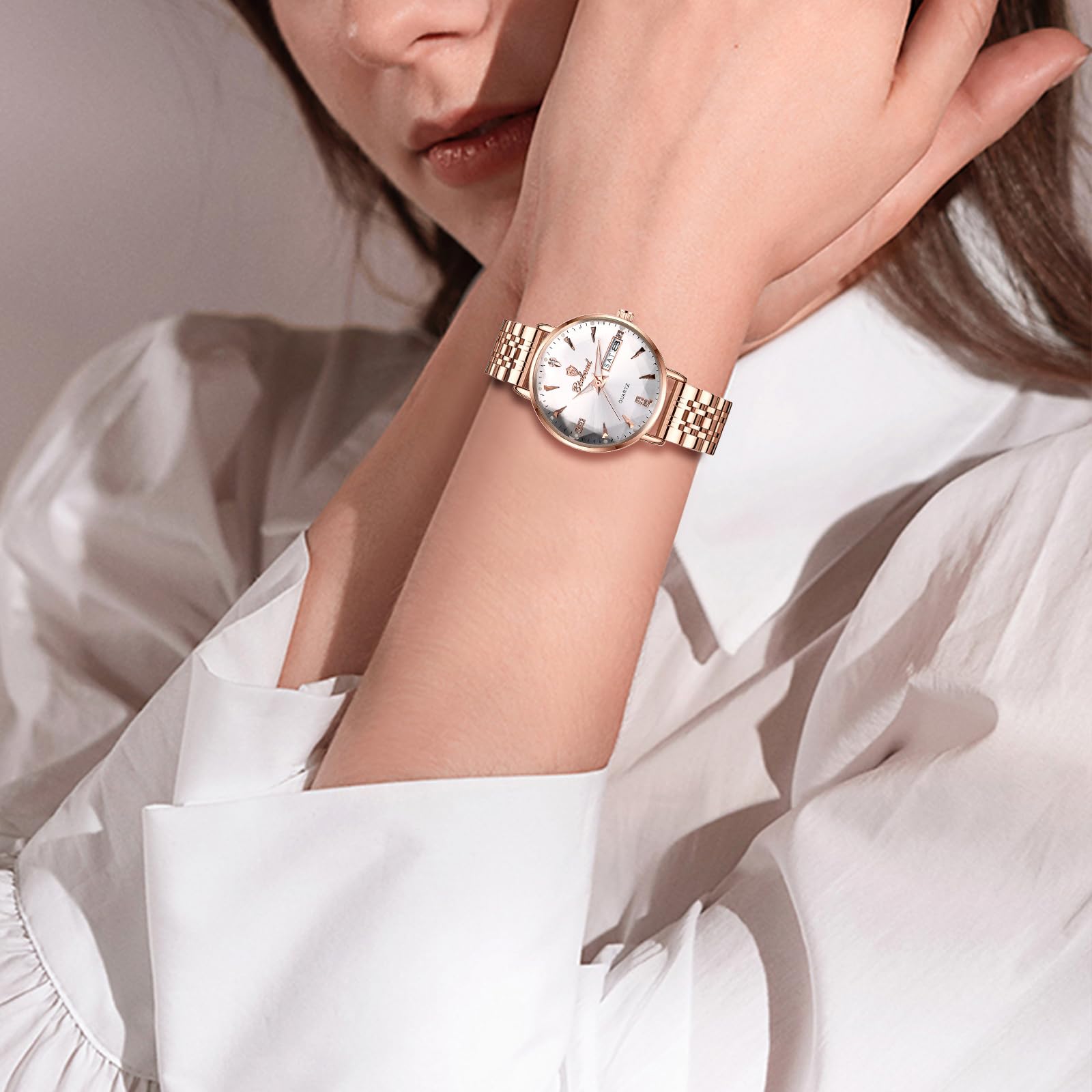 JewelryWe Zegarek damski ze stali nierdzewnej, świecący zegarek: 2 sztuki, 30, wodoszczelny, analogowy, kwarcowy, damski, różowe złoto, stal szlachetna, luksusowy zegarek z fasetowanym szkłem