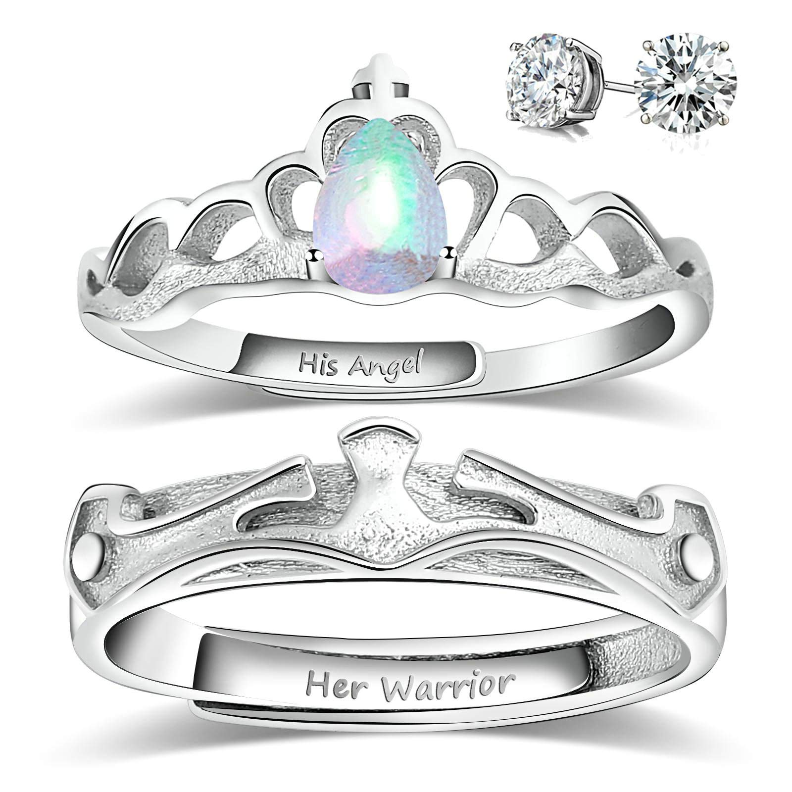 Aeici925 Sterling Silver Rings, Men and Women Wedding Ring Sets Crown Matching Rings Engraved His Angel/Her Warrior