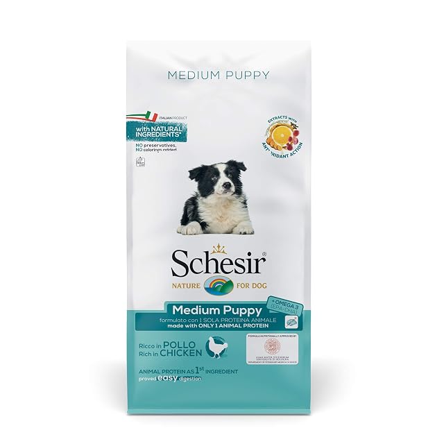 Schesir, pienso para Cachorros de tamaño Mediano, Sabor Pollo, croquetas - Formato Bolsa de 12 kg