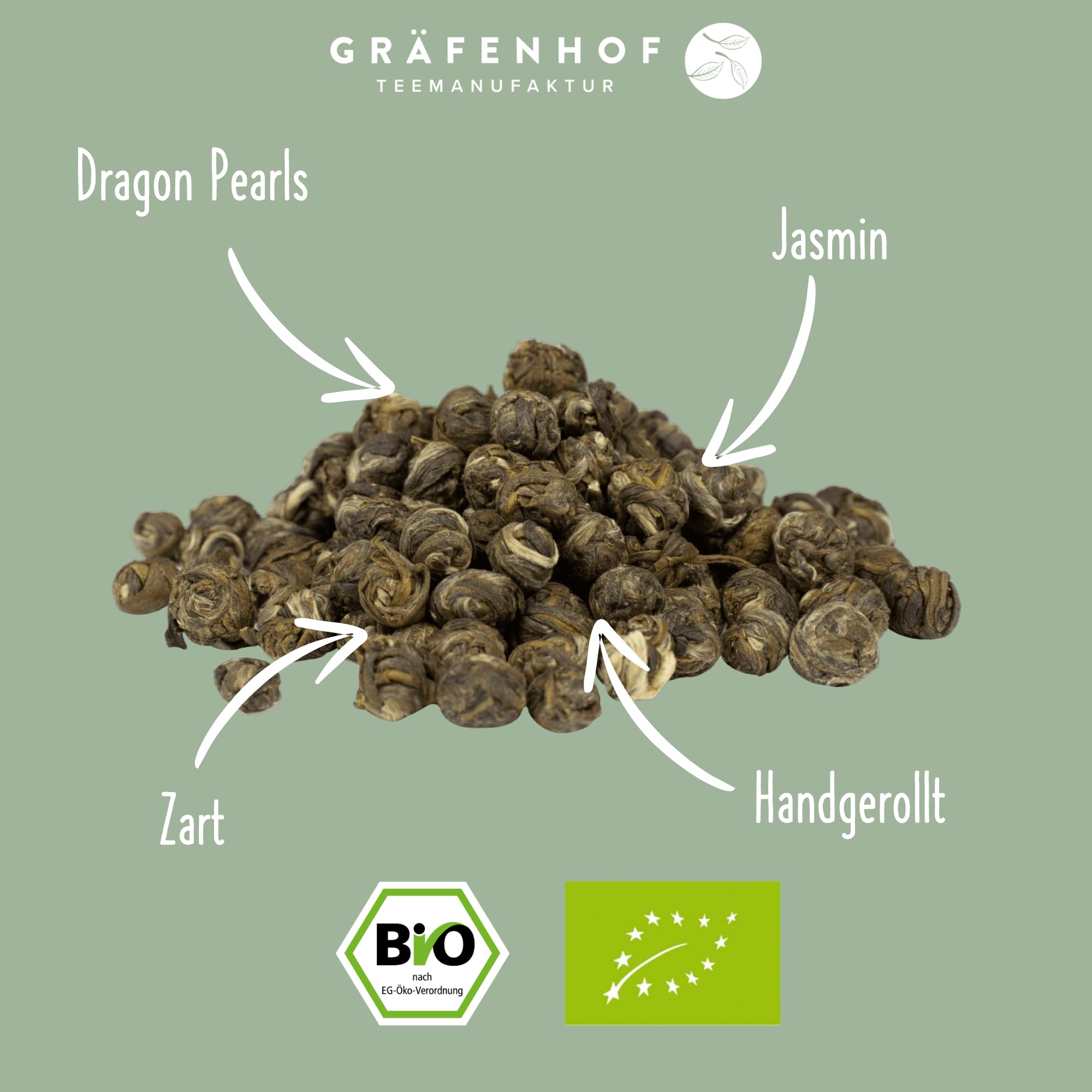 Gräfenhof China Jasmin Dragon Pearls Grüner Tee Bio, 300g (3x 100g) loser Tee aus 100% Grüner Tee Dragon Pearls, mit natürlichem Koffein, Premium Qualität, in DE abgefüllt