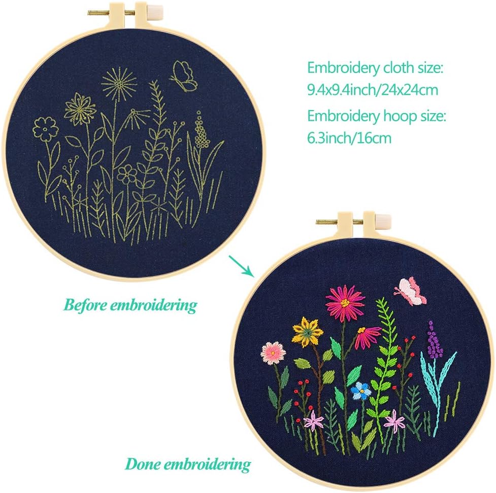 Caydo 3 Sets Embroidery Starter Kit with Pattern and Instructions, Cross Stitch Kit Include 3 Embroidery Clothes with Floral Pattern, 1 Plastic Embroidery Hoop, Color Threads and Tools