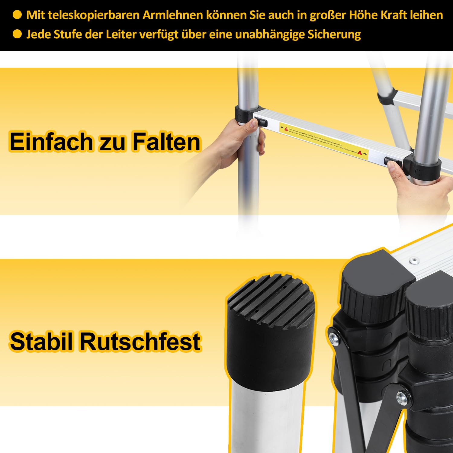 Herrselsam Échelle télescopique pliable - Cadre en A - 2 m + 2,3 m - Échelle en aluminium - 6 + 7 échelons - Multifonction - Portable - Antidérapant - Charge maximale : 150 kg