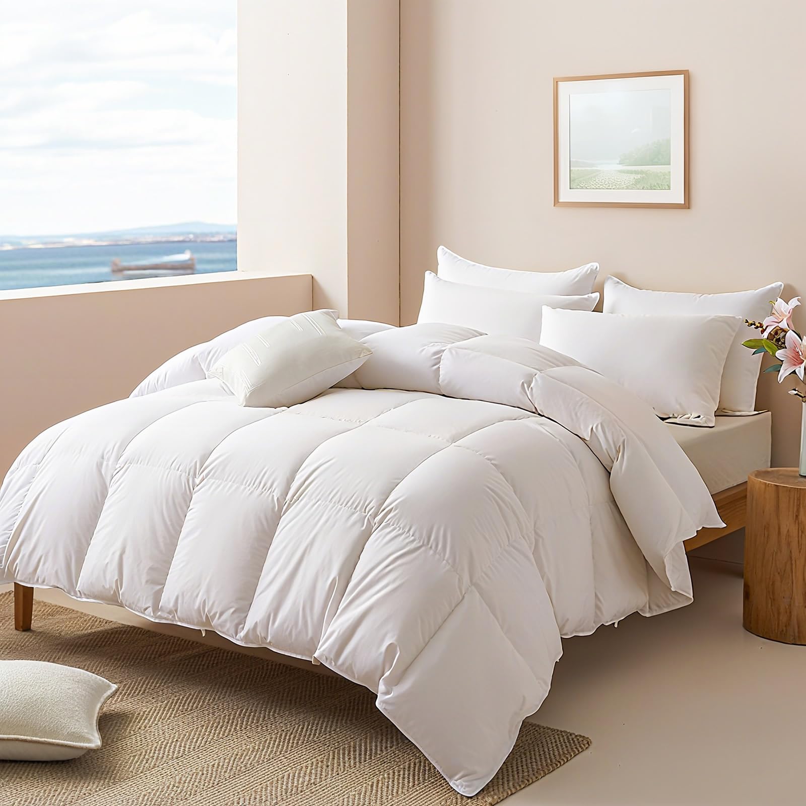 Photo 1 of (used) 
APSMILE Goose Feather Down Fibers Comforter King Size, Organic Cotton Duvet Insert, All Season Warmth, Baffle Box, Quill-Free Soft Fluffy Hotel Bed Comforter (Ivory White, 106x90 Inch)