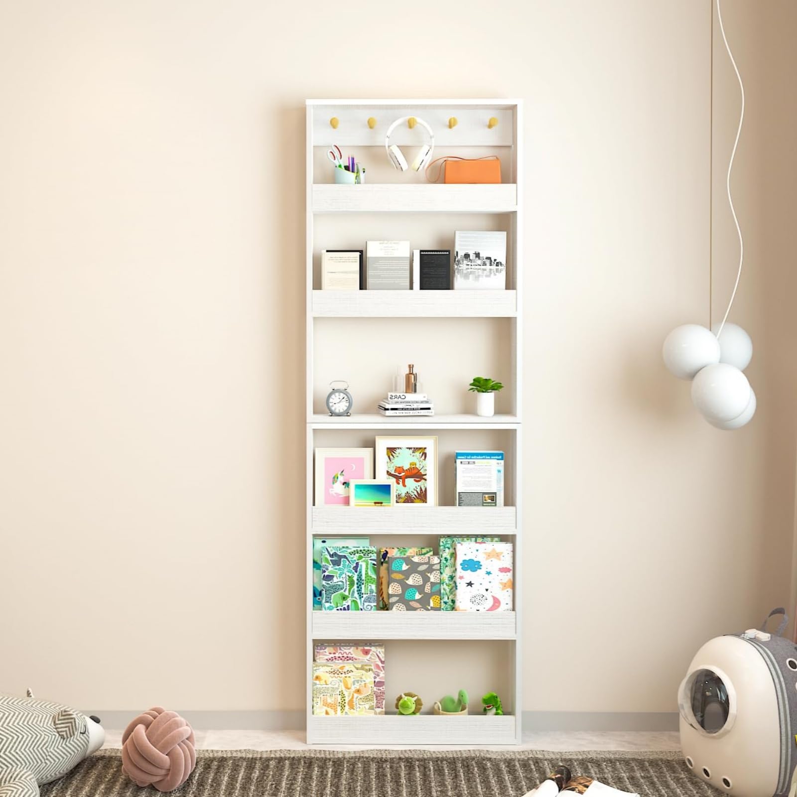 LHIUGE Behind The Door Bookshelf,6-Tier Wall-Mounted Shelf with Adjustable Height and Safety Rails Space-Saving Design for Nursery, Kids Room or